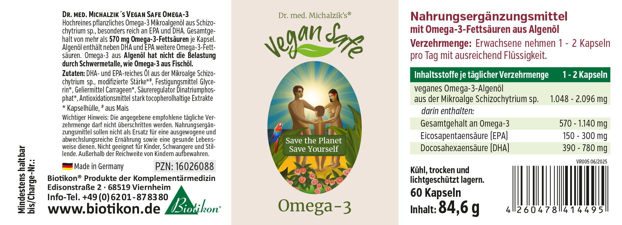 Omega-3 Algenöl – 60 Kapseln Veganes Omega-3 Algenöl, 60 Kapseln in einer grünen Verpackung, seitliche Ansicht.