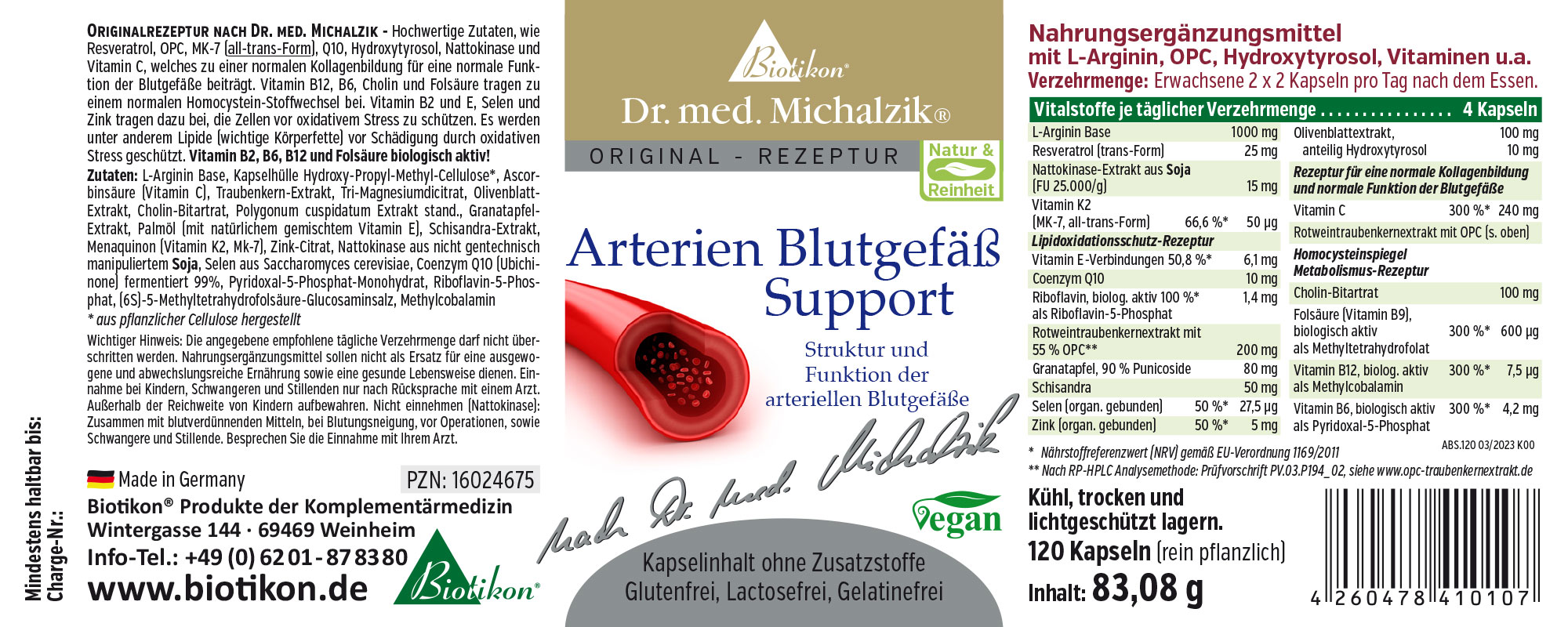 Arterien Blutgefäß Support – 120 Kapseln Nahrungsergänzungsmittel in einer Verpackung mit 120 Kapseln, rot-weißer Kapsel. Informationen über Inhaltsstoffe, vegan, glutenfrei.
