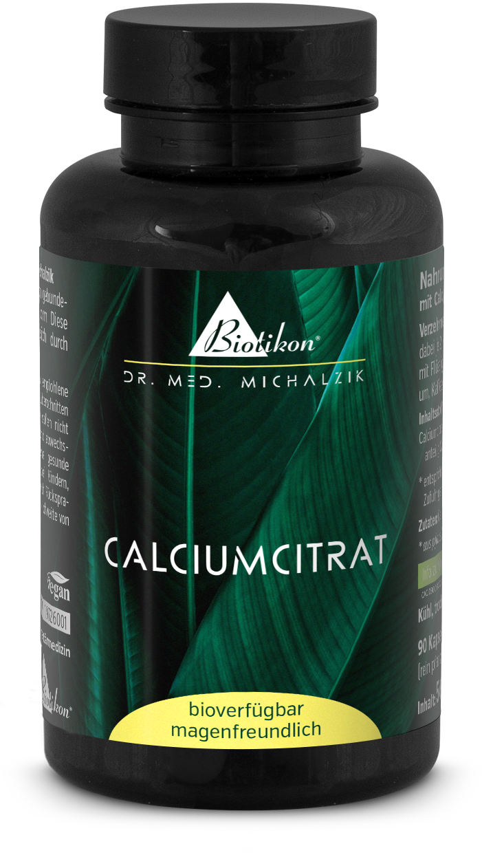 Calciumcitrat 90 Kapseln – bioverfügbar, magenfreundlich Schwarze Flasche mit Calciumcitrat Kapseln, 90 Stück, frische grüne Sicht auf das Etikett, vegan.
