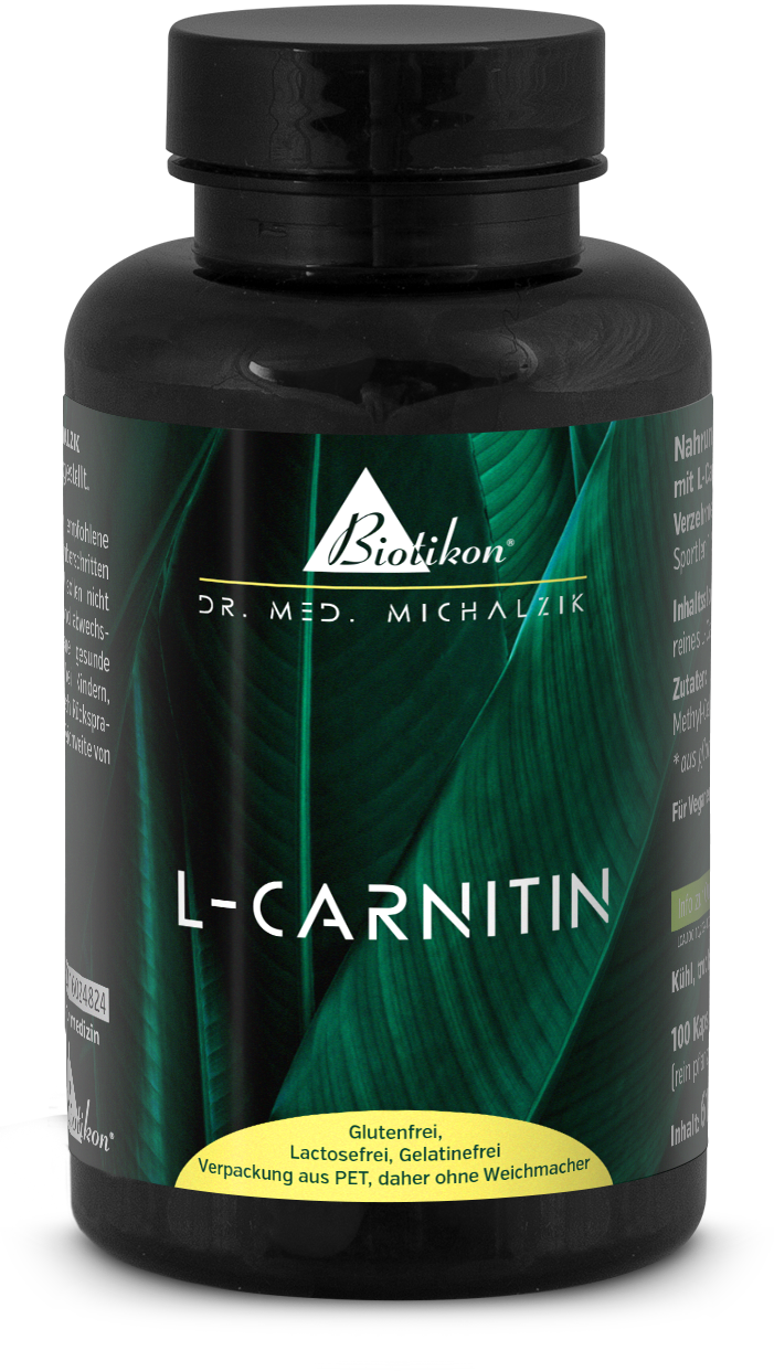 L-Carnitin – 100 Kapseln L-Carnitin Nahrungsergänzungsmittel in einer schwarzen PET-Flasche, 100 Kapseln, glutenfrei, laktosefrei.
