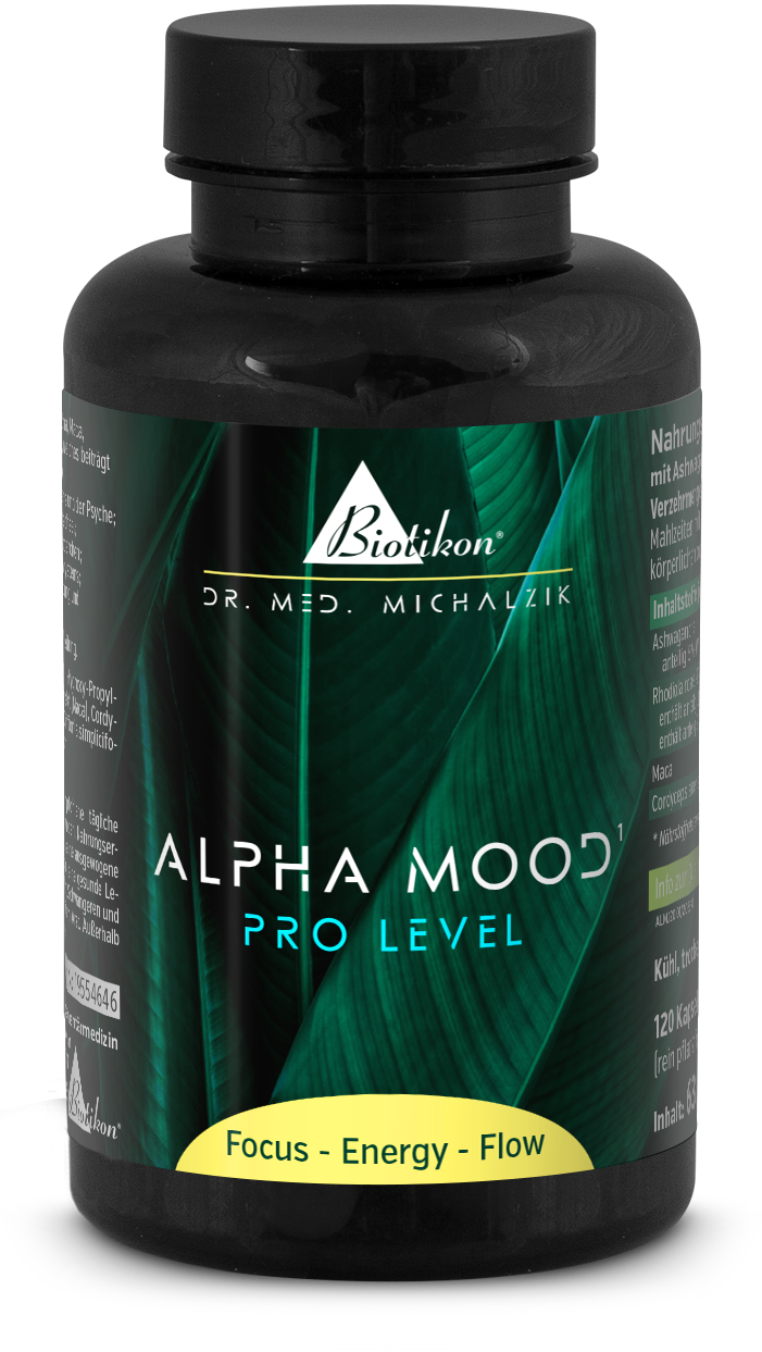 Alpha Mood 120 Kapseln – Nahrungsergänzungsmittel Dunkle Kapselverpackung, 120 Kapseln, mit grünen Blattmotiven, frontal aufgenommen.