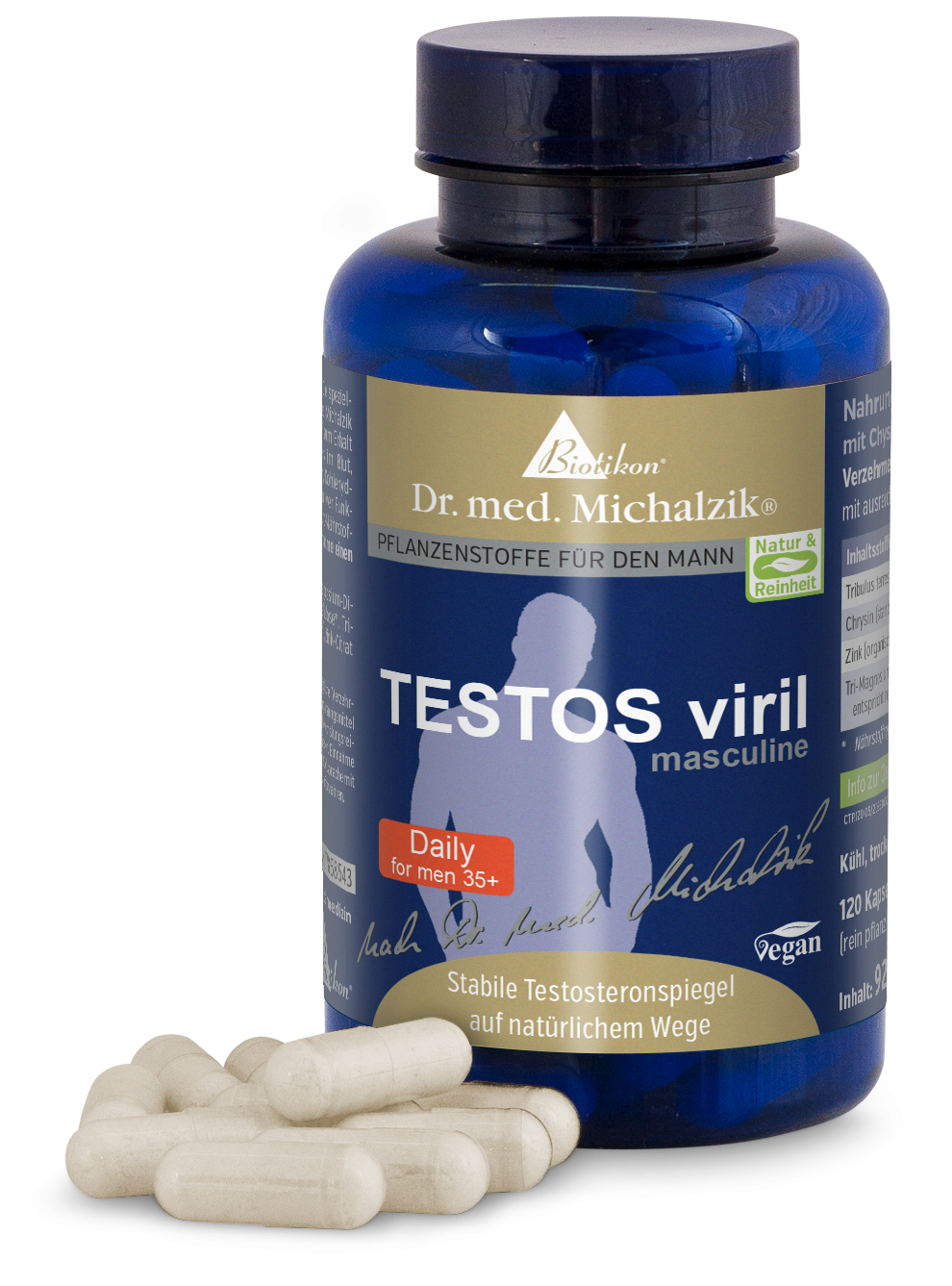 TESTOS viril – 120 Kapseln Vegane Kapseln in off-white, Packung mit 120 Kapseln, in blauer Flasche, für Männer 35+