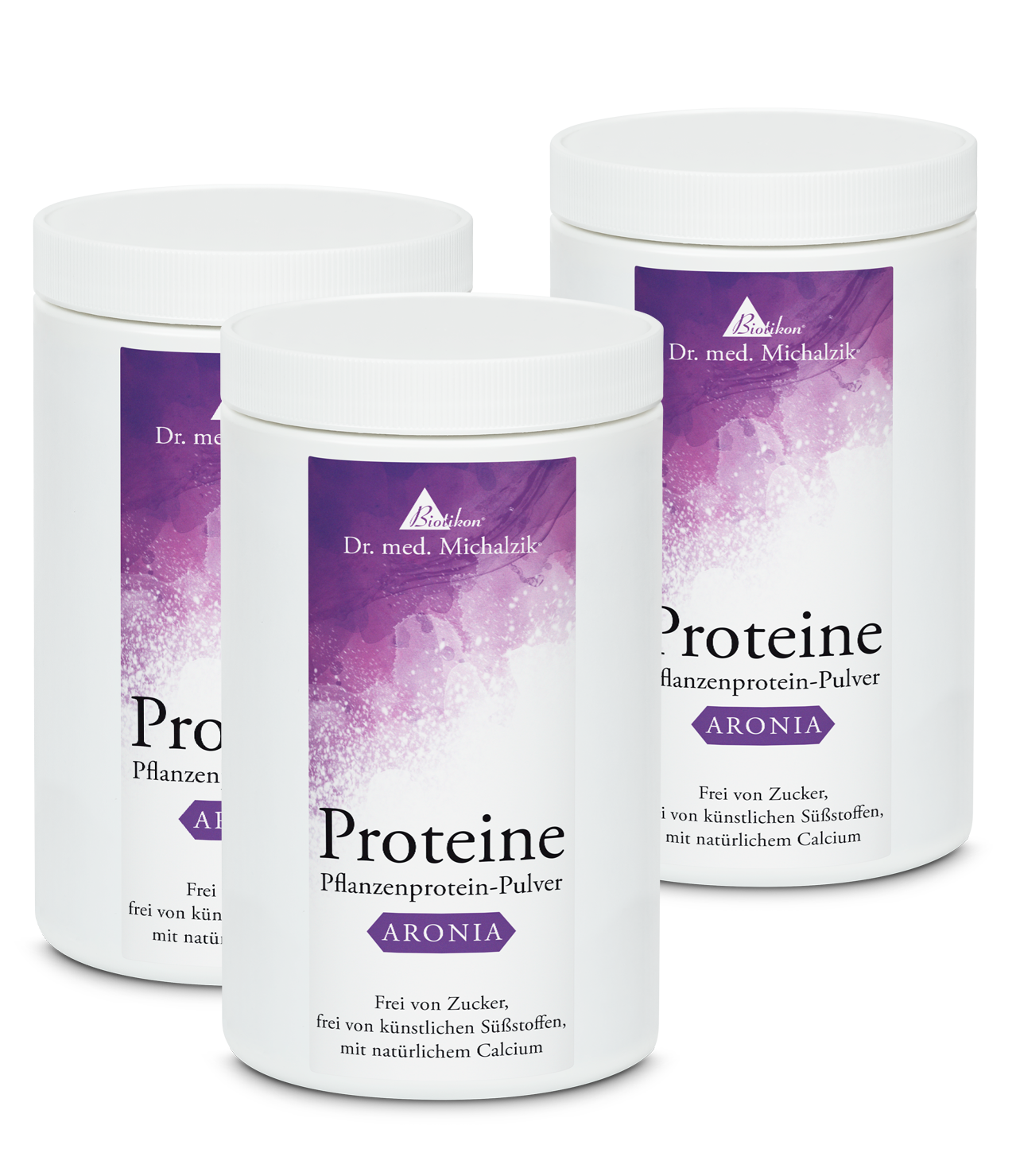 Pflanzenprotein-Pulver Aronia – 500 g Drei Dosen Pflanzenprotein-Pulver Aronia, 500 g, in weißer Verpackung mit lila Akzenten.
