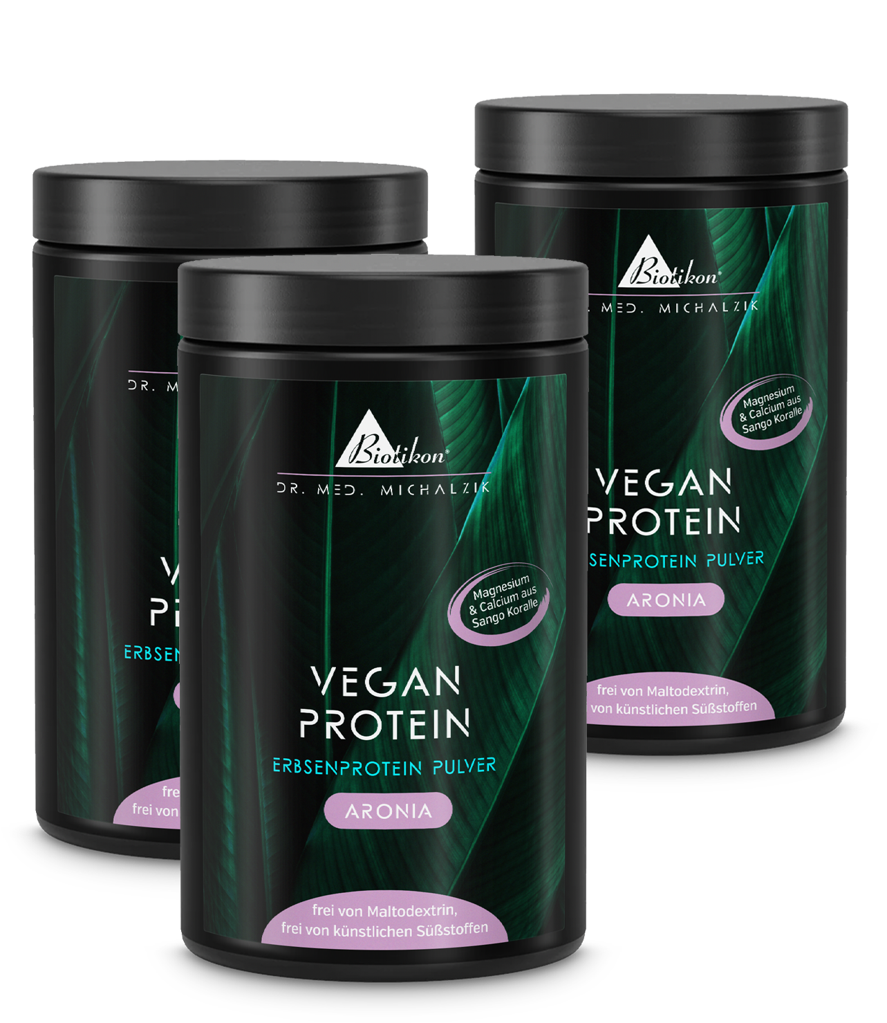 Drei Dosen Pflanzenprotein-Pulver Aronia, 500 g, in weißer Verpackung mit lila Akzenten.
