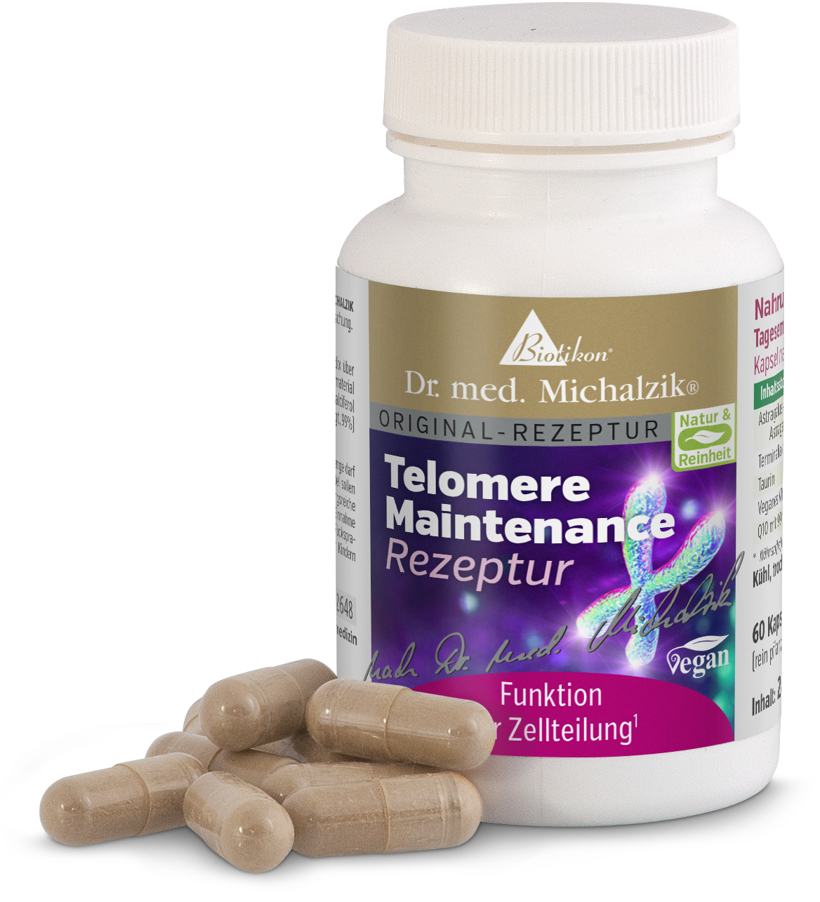Telomere Maintenance 60 Kapseln – Nahrungsergänzung Weißer Kunststoffbehälter mit 60 Kapseln, braun, vegane Formulierungen, aufgereiht vor dem Behälter.