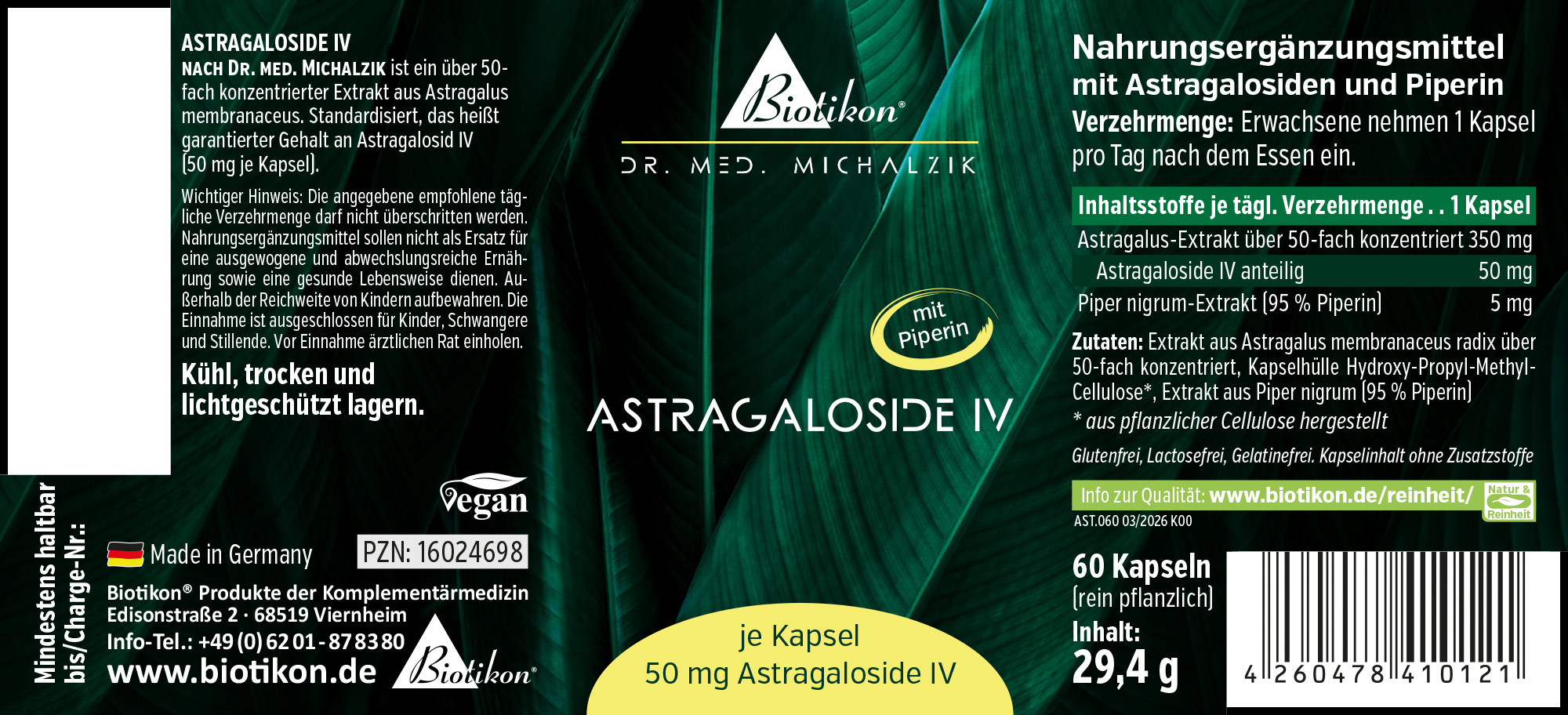 Astragaloside IV 50 mg – Kapseln Packung mit 60 Kapseln Astragaloside IV, 50 mg pro Kapsel, in grüner und weißer Verpackung, Vorderansicht.
