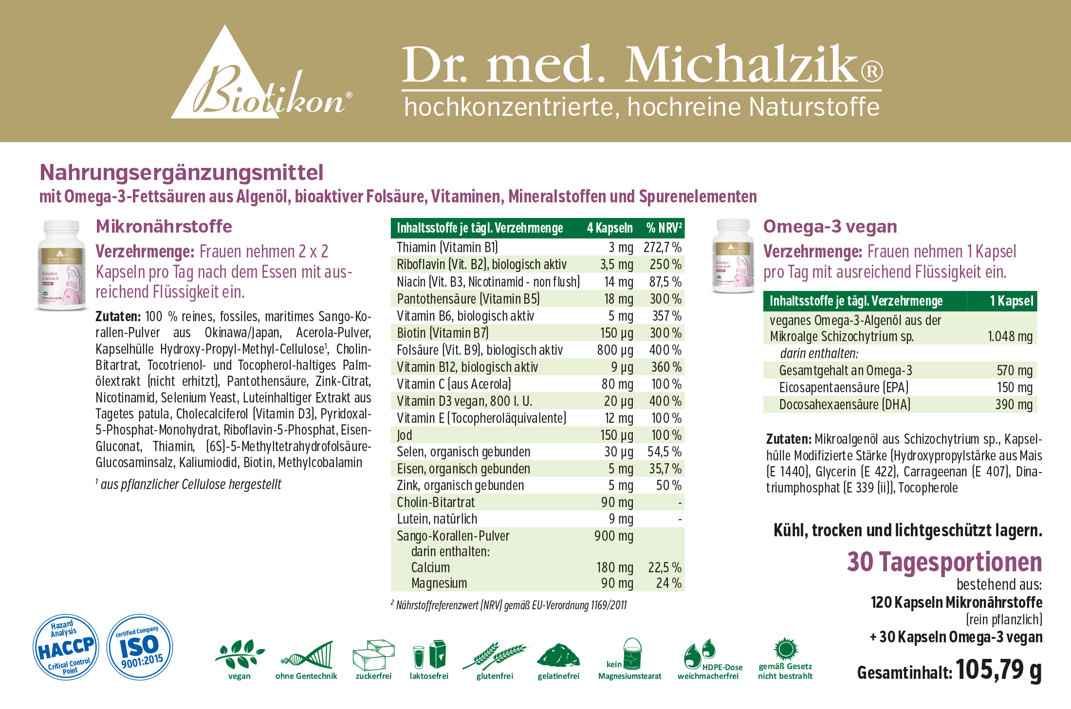 Mikronährstoffe 120 Kapseln – Omega-3 vegan 30 Kapseln Nahrungsergänzungsmittel mit 120 Kapseln Mikronährstoffen und 30 Kapseln Omega-3, in transparenter Verpackung, helle Farben.