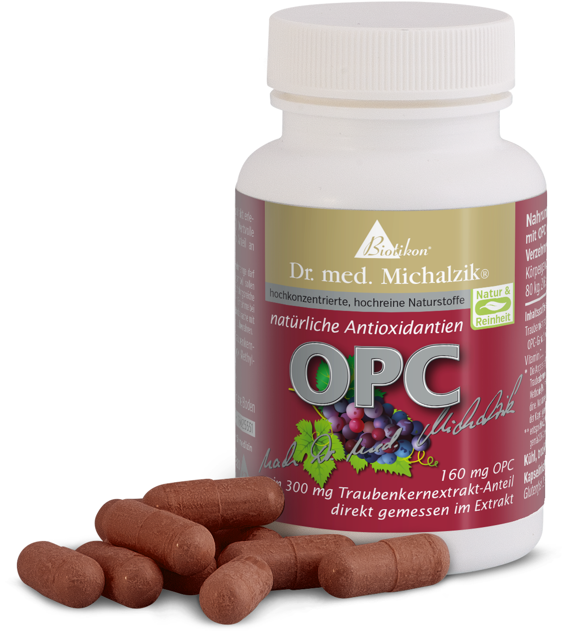OPC 160 mg – Kapseln OPC Kapseln in brauner Farbe, 160 mg, aus Traubenkernextrakt, daneben eine Flasche.