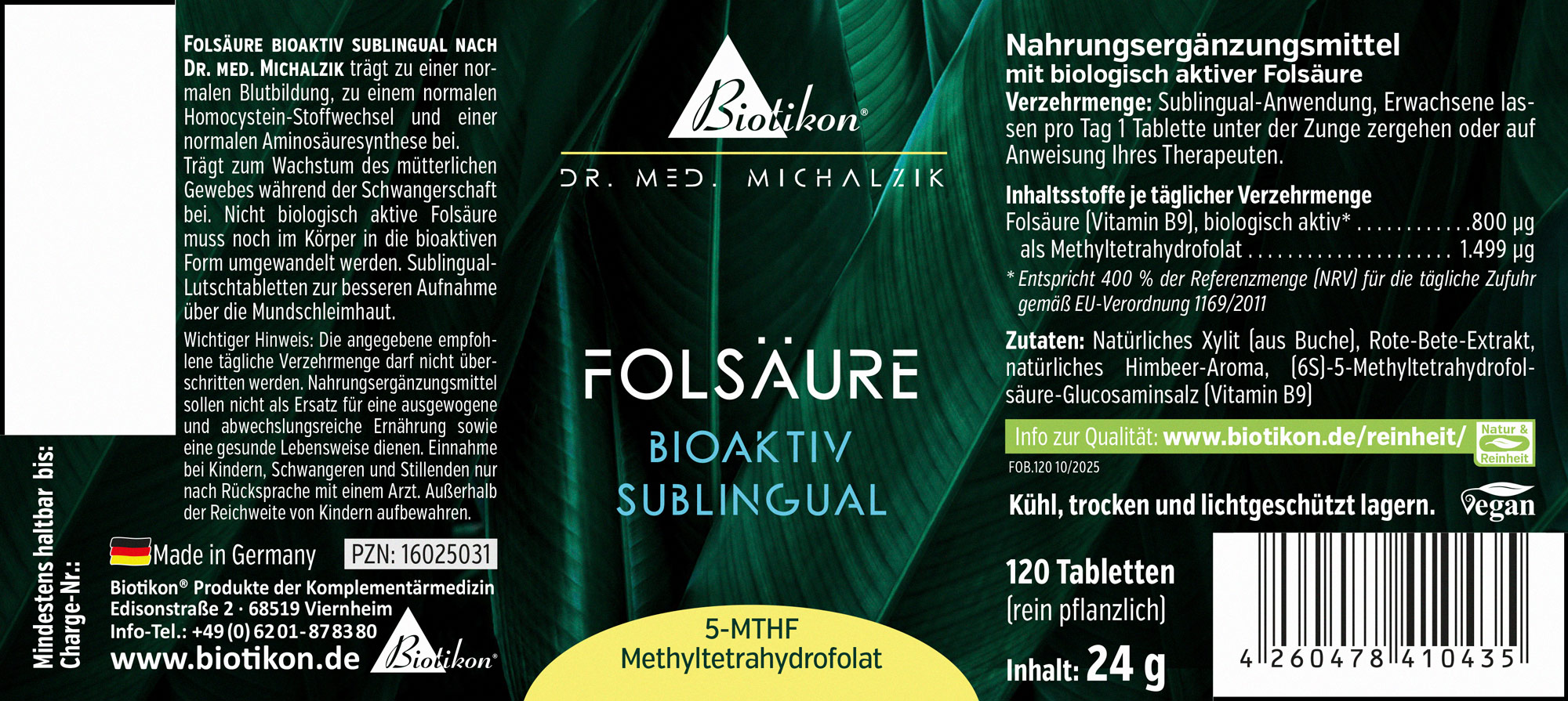 Folsäure Nahrungsergänzungsmittel, sublinguale Tabletten, 120 Stück, vegan, in grüner Verpackung.