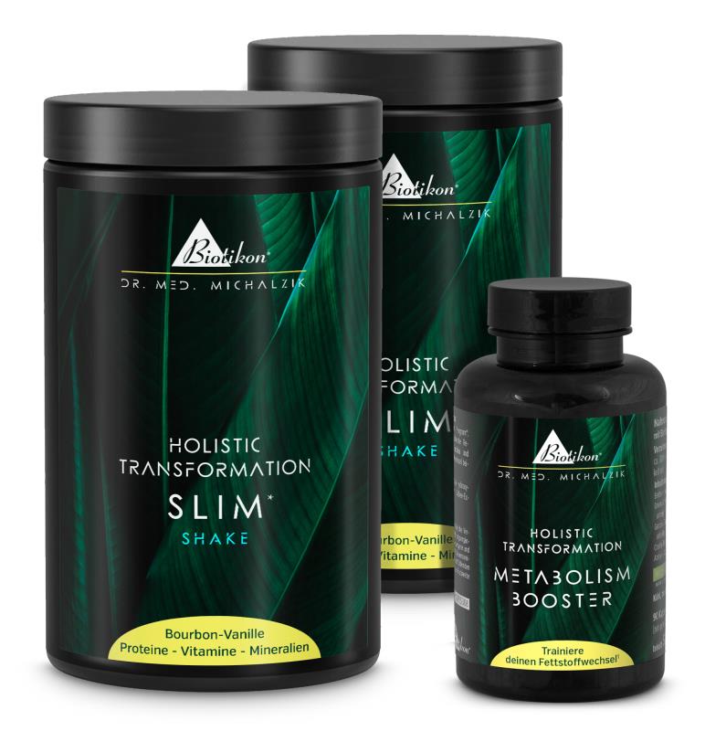 Holistic Transformation Slim – Shake 500 g Holistic Transformation Slim Shake in schwarzer Dose, Bourbon-Vanille Geschmack, 500 g, auf weißem Hintergrund.