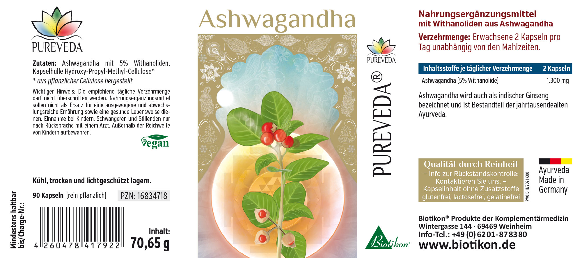 Ashwagandha 1300 mg – Kapseln Ashwagandha Kapseln, 90 Stück, grüne Kapseln in einer weißen Verpackung, vegan.