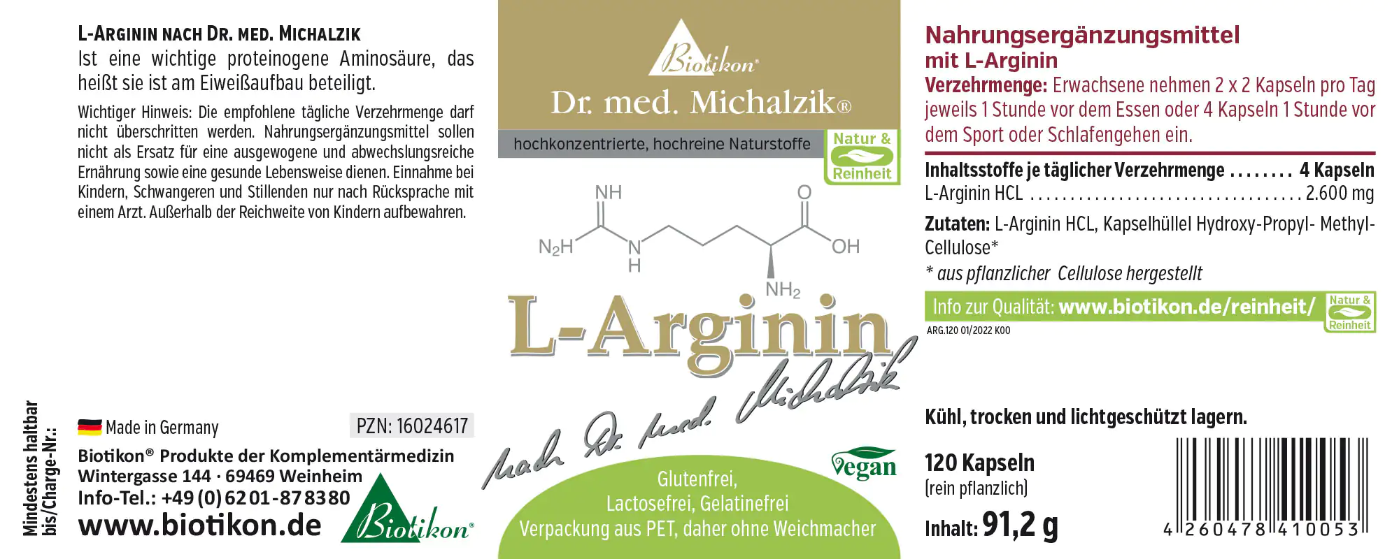 L-Arginin 2600 mg – 120 Kapseln L-Arginin Nahrungsergänzungsmittel in Kapseln, 120 Stück, Verpackung in grün-weißer Gestaltung.