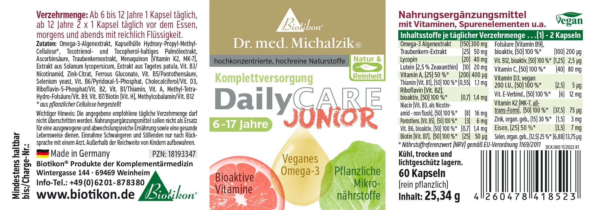 DailyCare Junior - Bioactive vitamins, omega 3 vegan + trace elements and high-quality plant substances