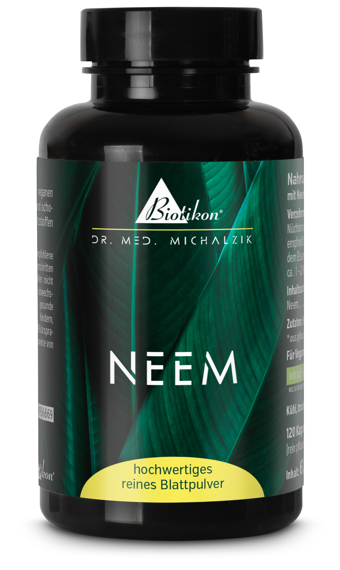 Neem Blattpulver – 120 Kapseln Schwarze Flasche mit 120 Kapseln Neem Blattpulver, grüne Blätter im Hintergrund, vegan.