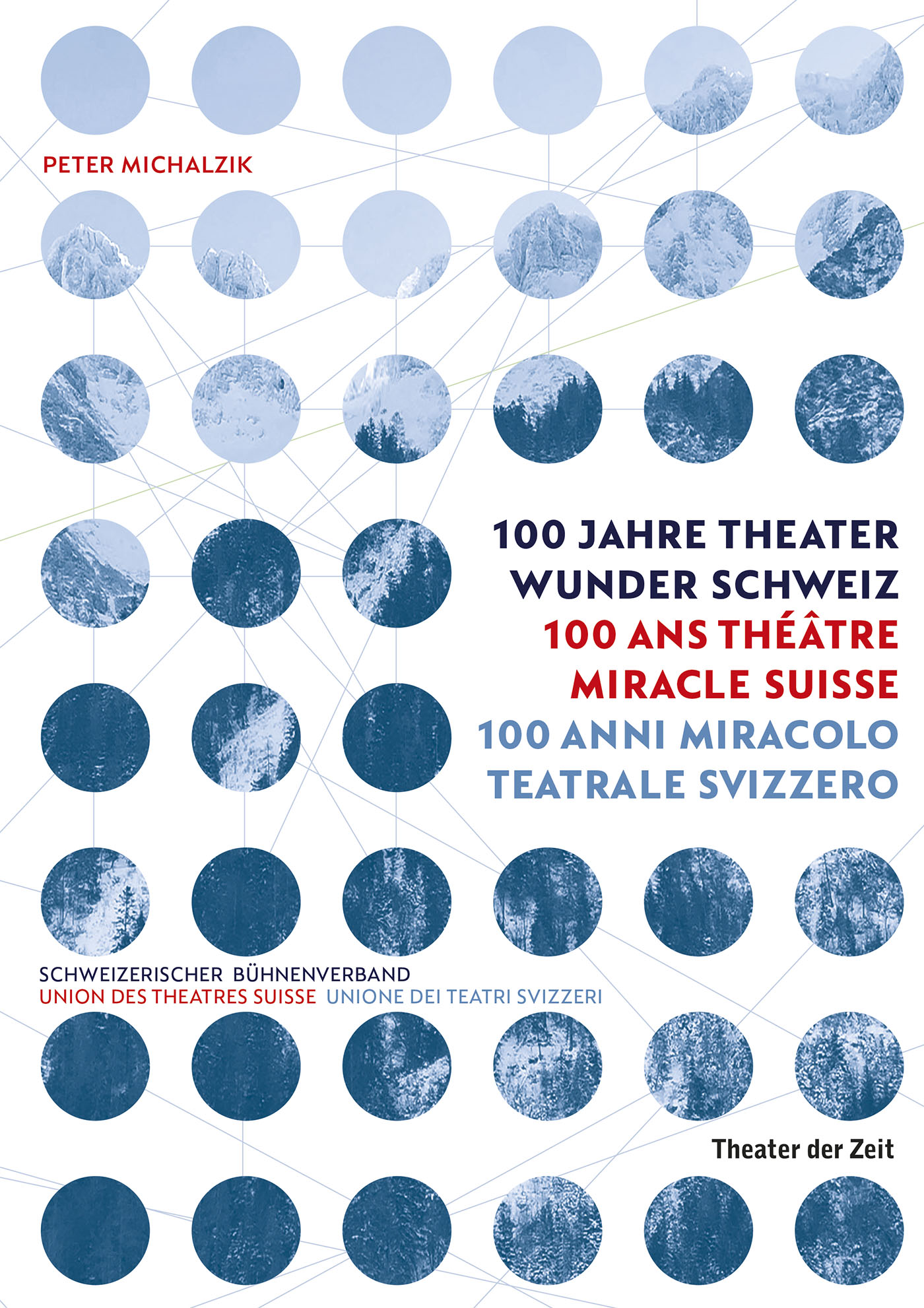 100 Jahre Theater Wunder Schweiz – Buch Buchcover über 100 Jahre Schweizer Theater, blau-weiße Illustrationen, vielseitige Schriftzüge.