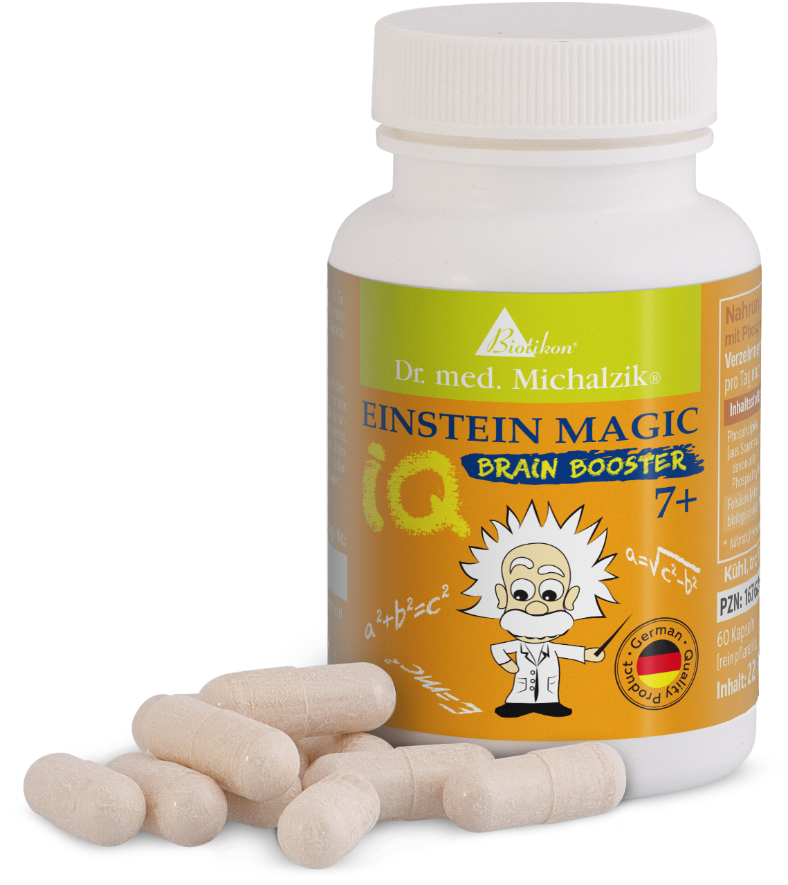 Einstein Magic Brain Booster – 60 Kapseln Einstein Magic Brain Booster in einer weißen Flasche mit 60 Kapseln, beige Farbe, Vorderansicht.