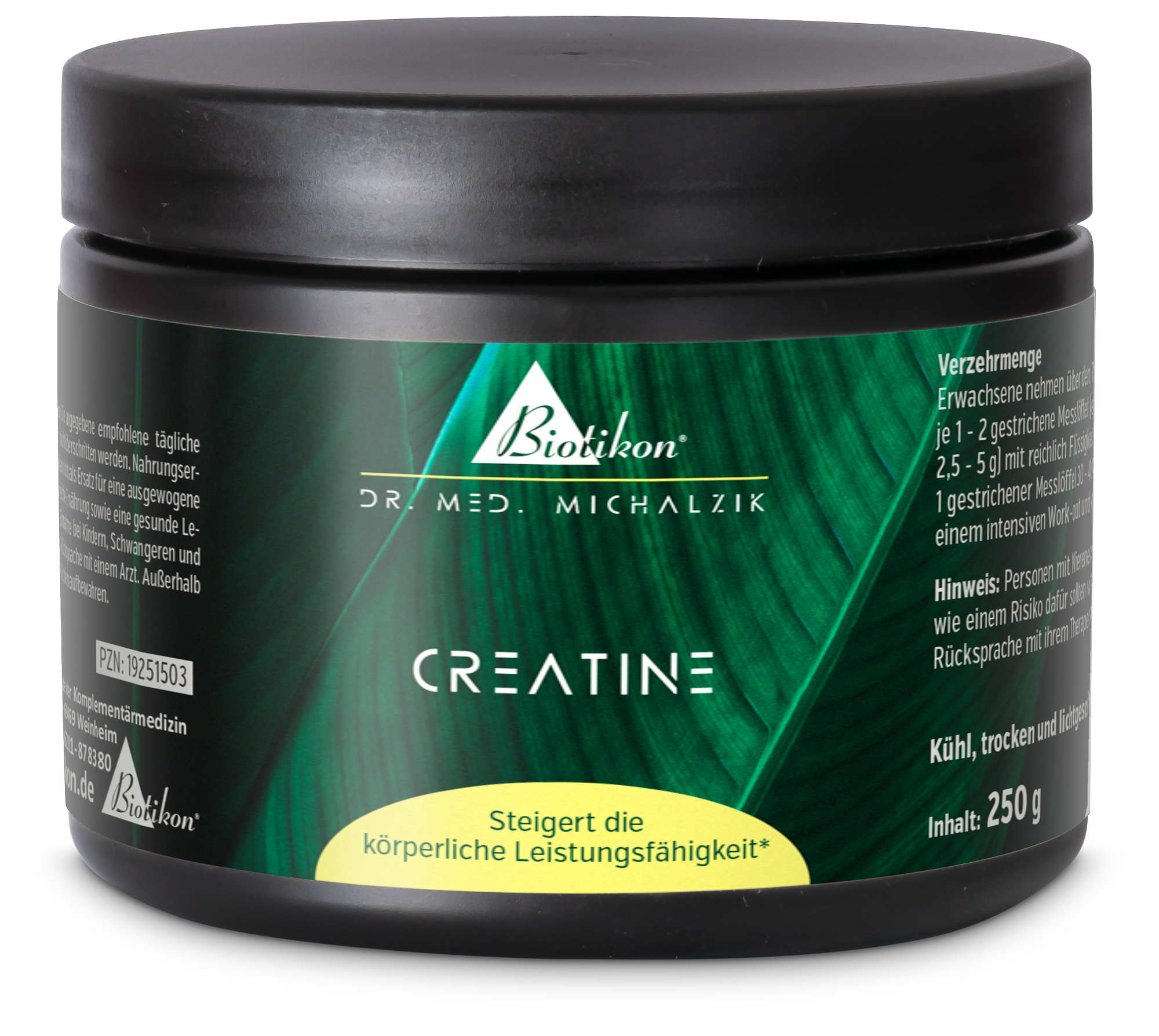 Creatin 250 g – Pulver Creatin Pulver in schwarzem Behälter mit grünem Design, 250 g.