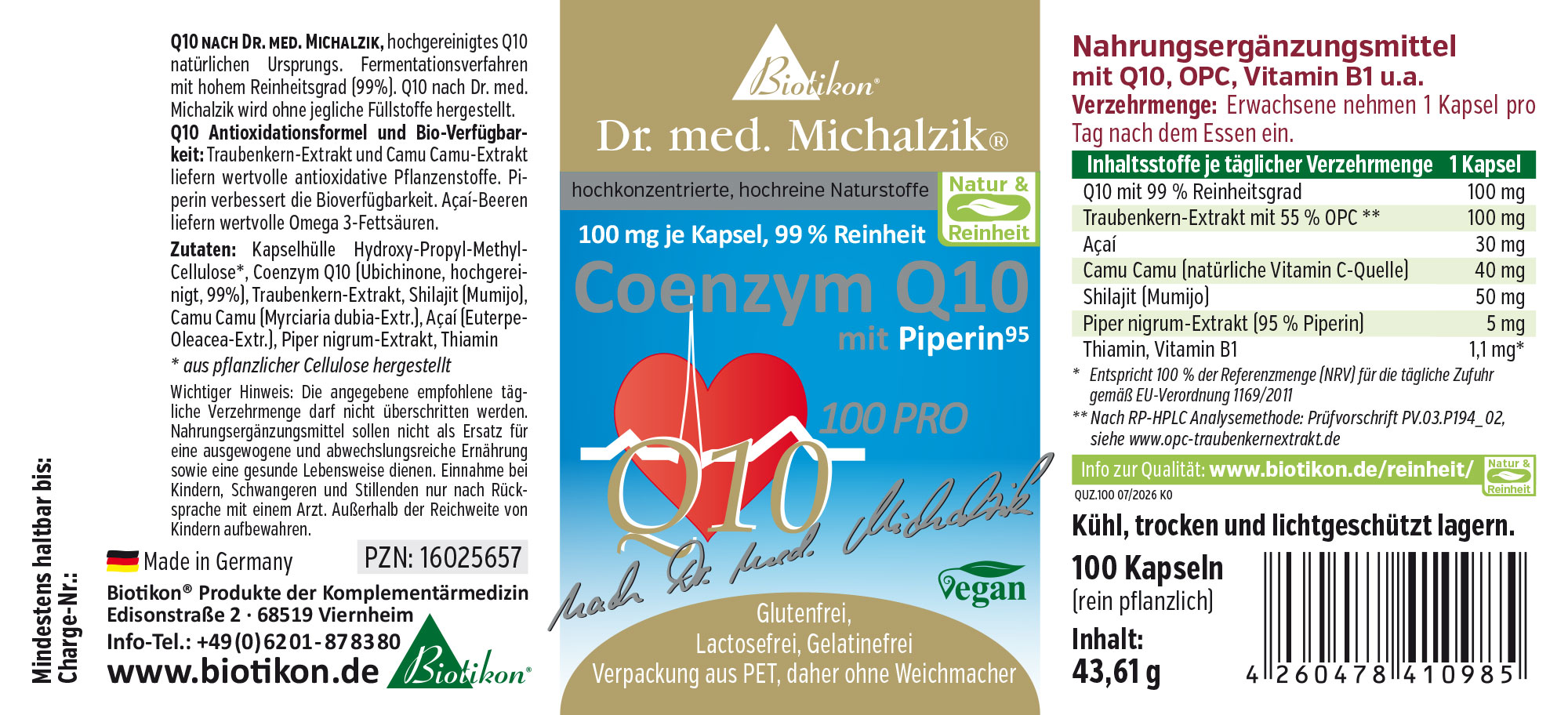 Coenzym Q10 in Kapseln, 100 mg pro Kapsel, Verpackung mit 100 Kapseln, blaues und weißes Design.