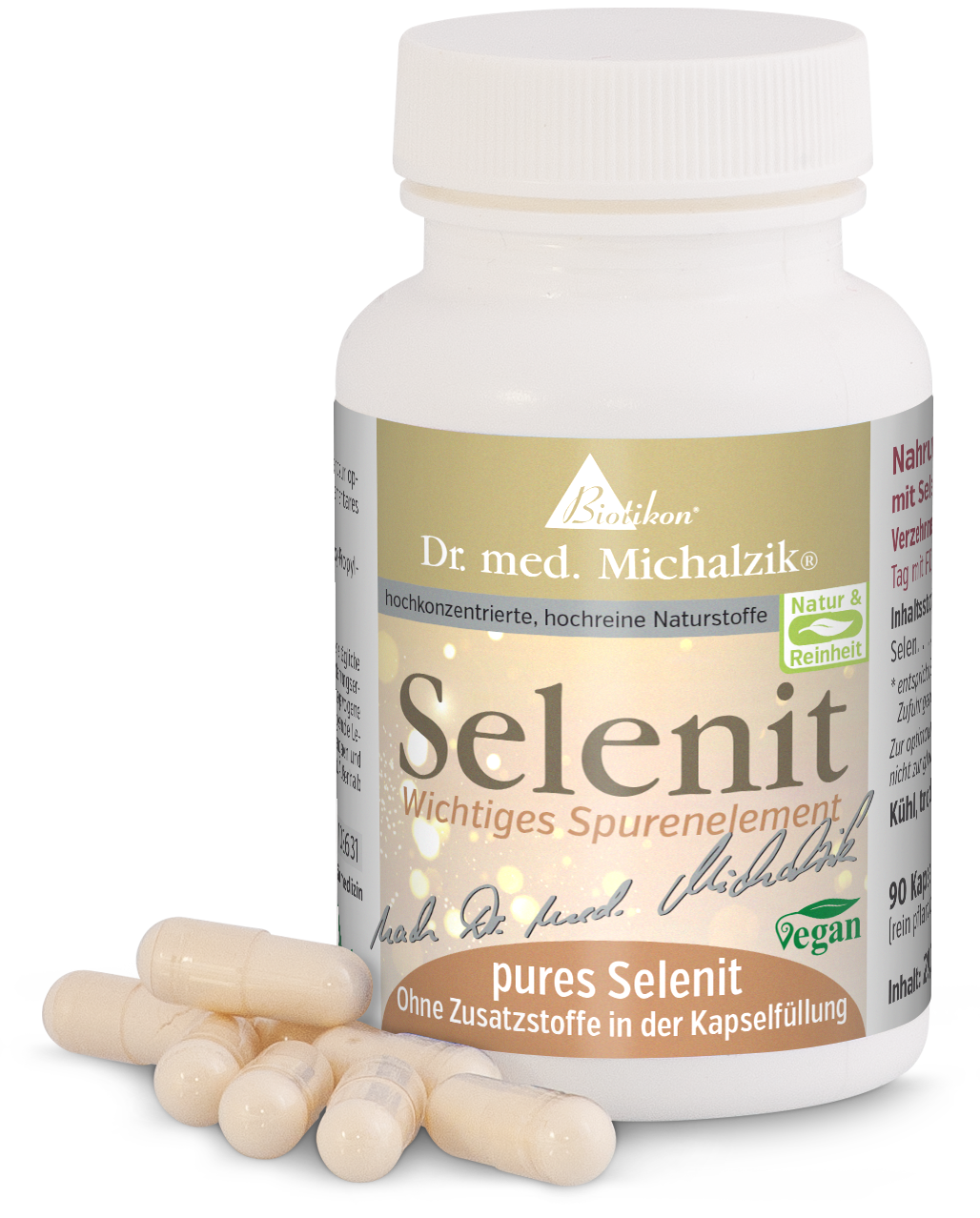 Selenit 90 Kapseln – pures Selen Flasche mit 90 veganen Kapseln Selenit, beige farbig, im Vordergrund einige Kapseln auf dem Tisch.