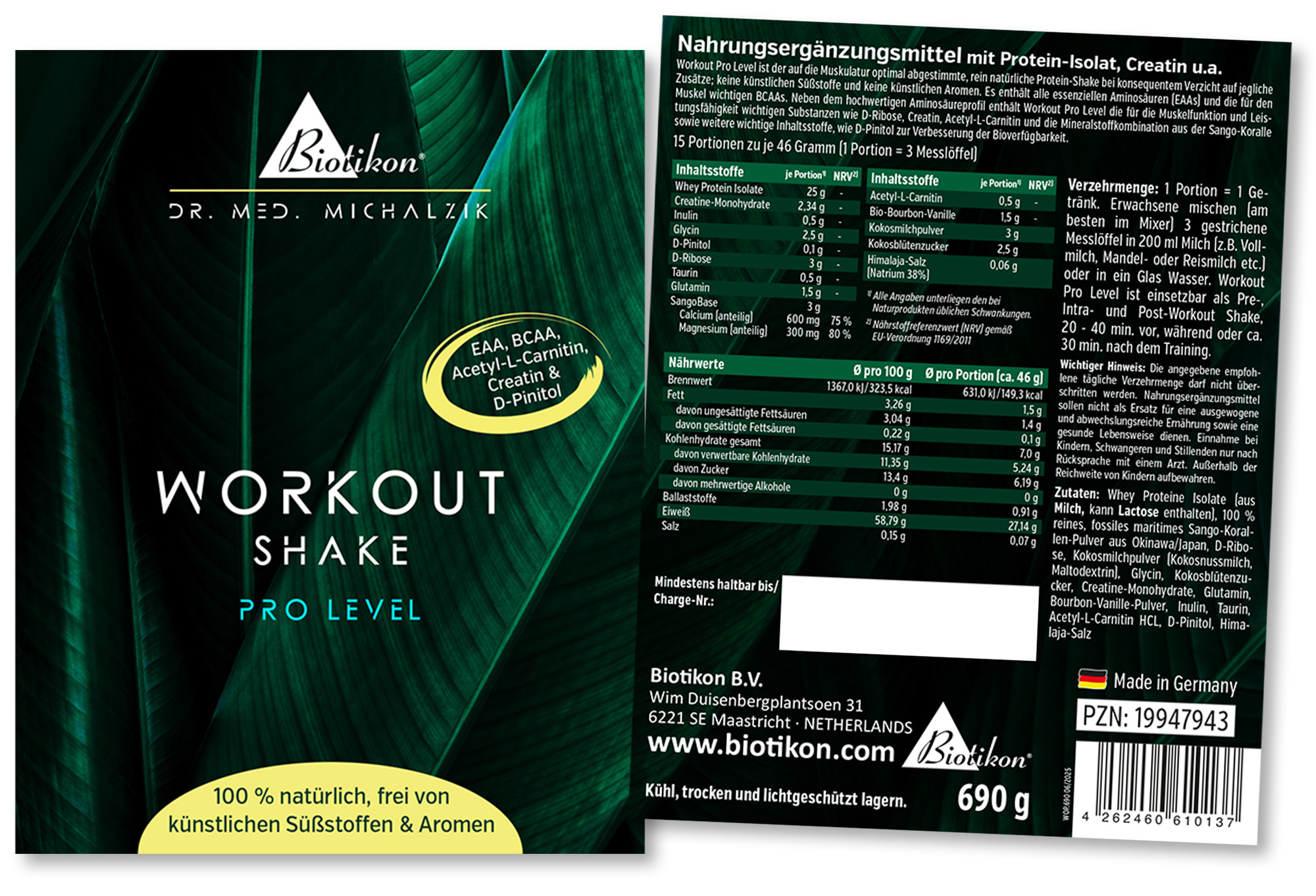 Workout Shake Pro Level – 690 g Nahrungsergänzungsmittel in Pulverform, 690 g, schwarze Verpackung mit grünen Blättern, sichtbare Nährwerte.