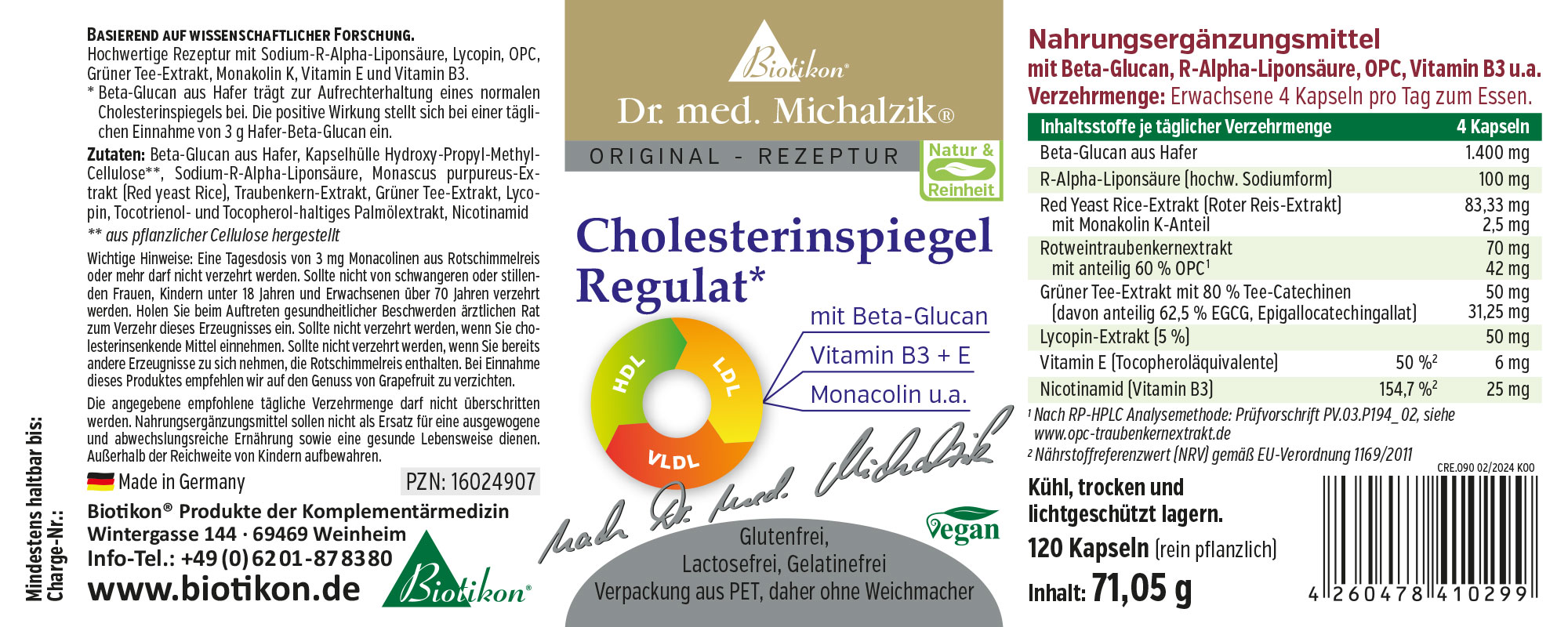 Cholesterinspiegel Regulat – 120 Kapseln Nahrungsergänzungsmittel Cholesterinspiegel Regulat mit Beta-Glucan, 120 Kapseln in einer roten und grünen Verpackung