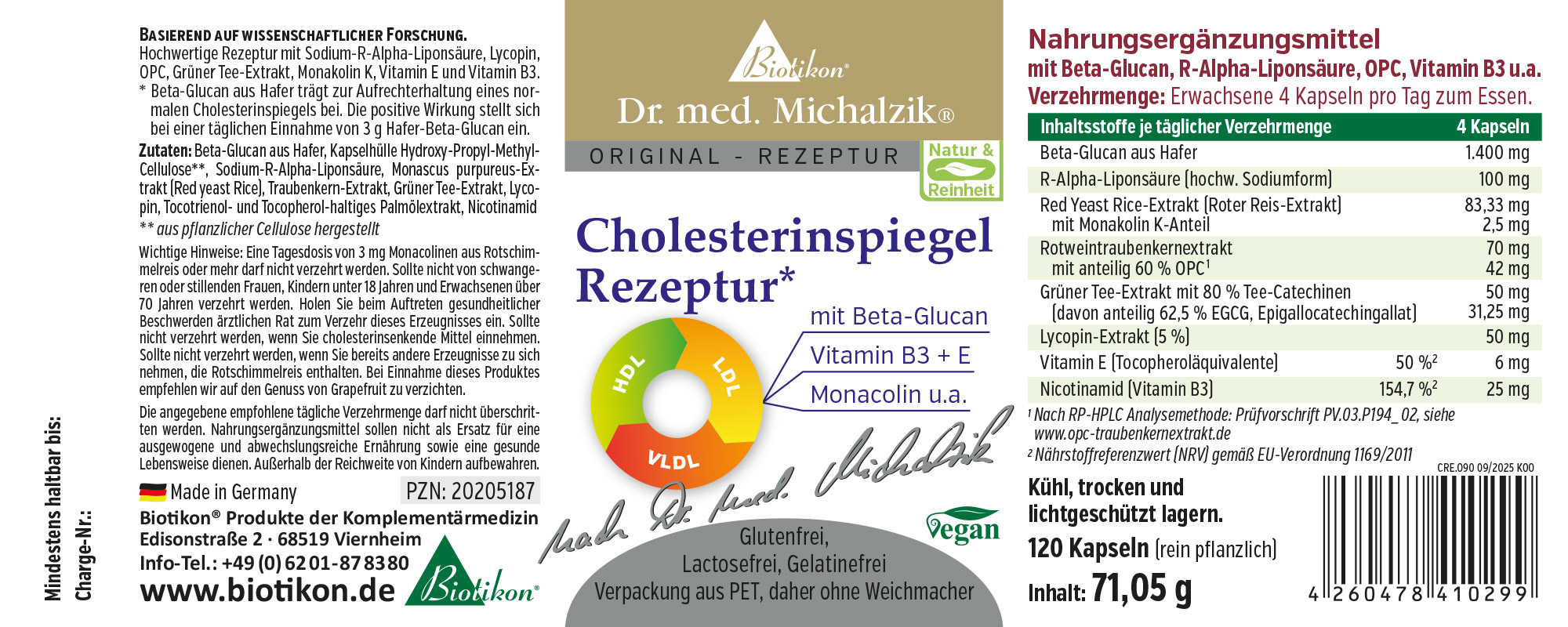 Cholesterinspiegel Regulat – 120 Kapseln Nahrungsergänzungsmittel Cholesterinspiegel Regulat mit Beta-Glucan, 120 Kapseln in einer roten und grünen Verpackung