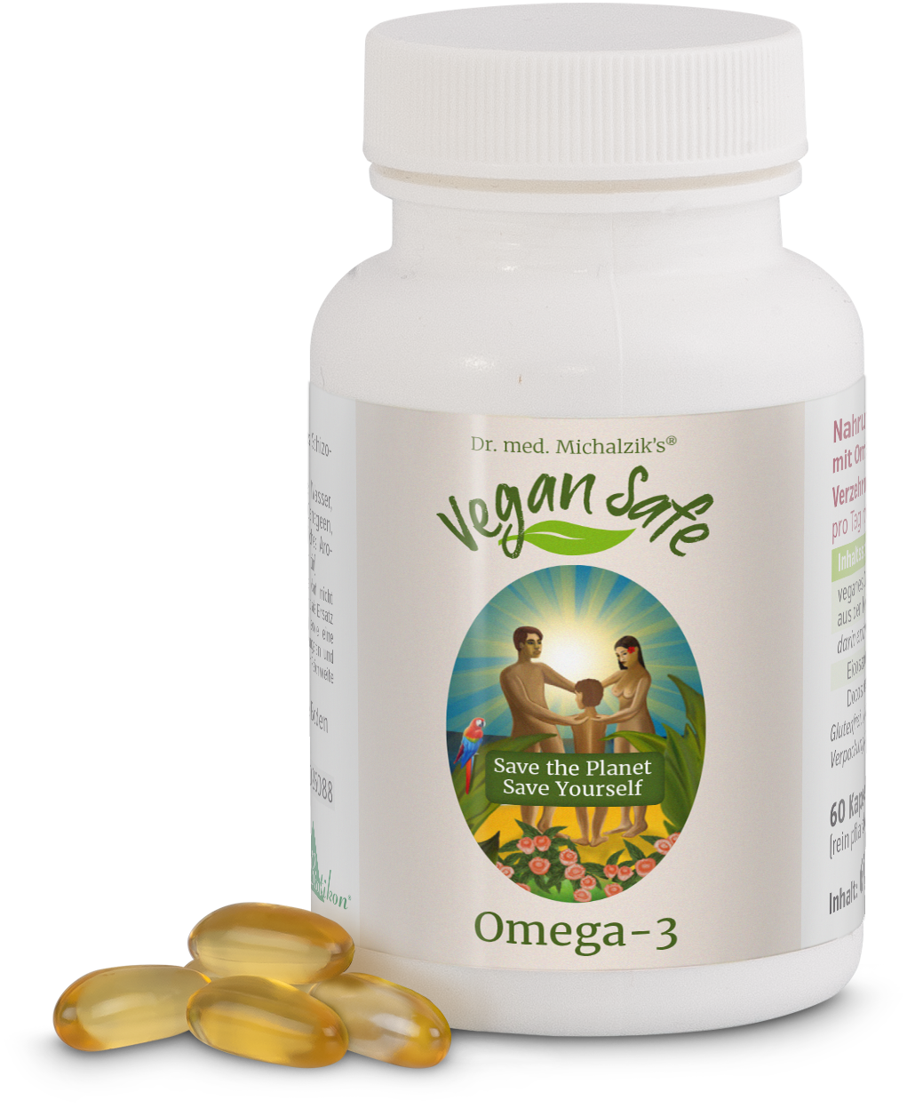 Omega-3 Kapseln – 60 Stück Flasche mit Omega-3 Kapseln, 60 vegane Kapseln, gelbes Gel, Vorderansicht, weiße Verpackung.