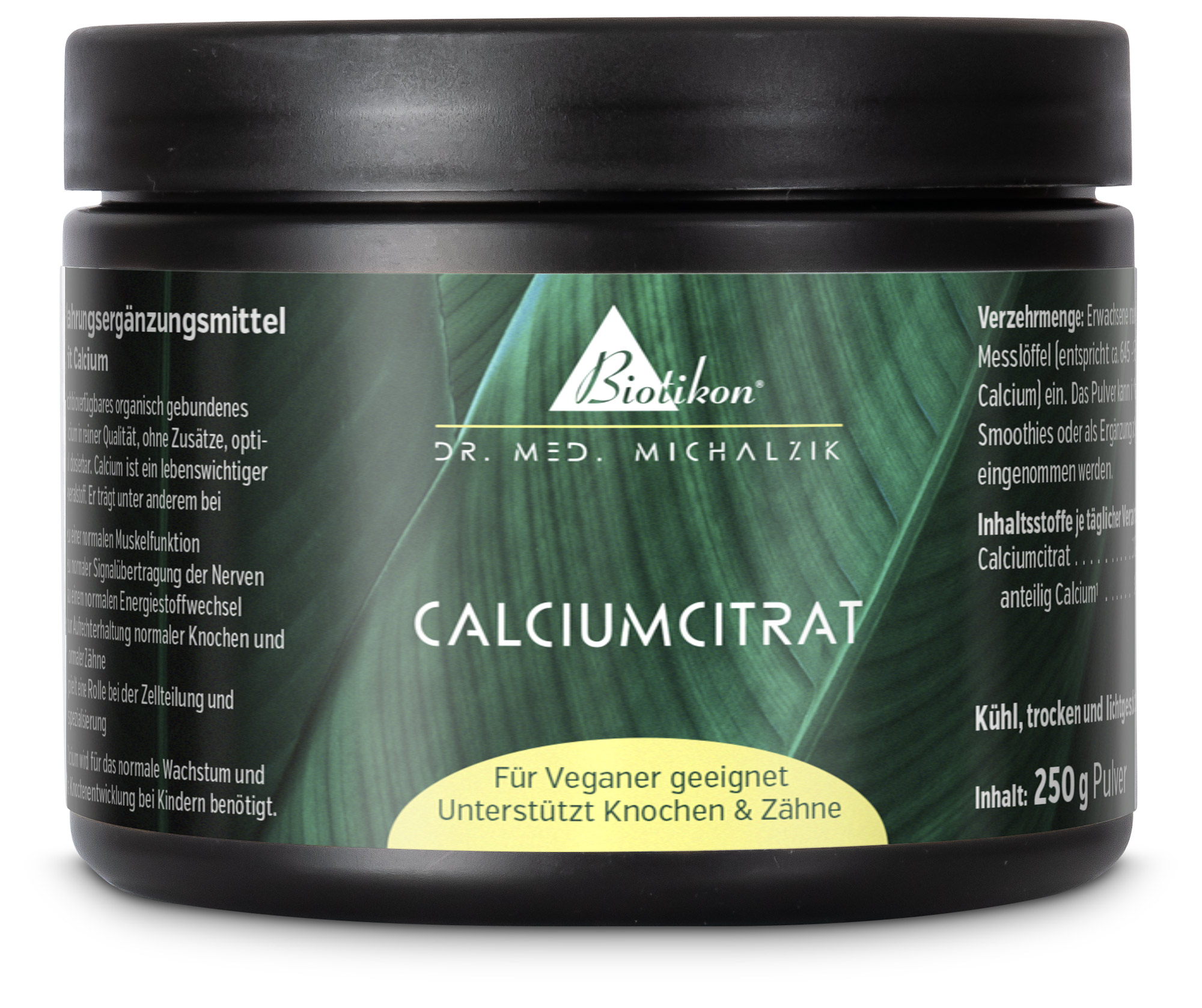 Calciumcitrat 250 g – Pulver Pulver in schwarzem Behälter, Calciumcitrat, 250 g, für vegane Ernährung geeignet.