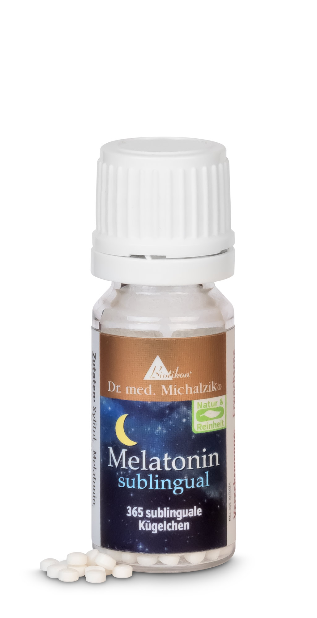 Melatonin sublingual – 365 Kügelchen Flasche mit 365 sublingualen Kügelchen, Weiß, Sicht auf die Verpackung.