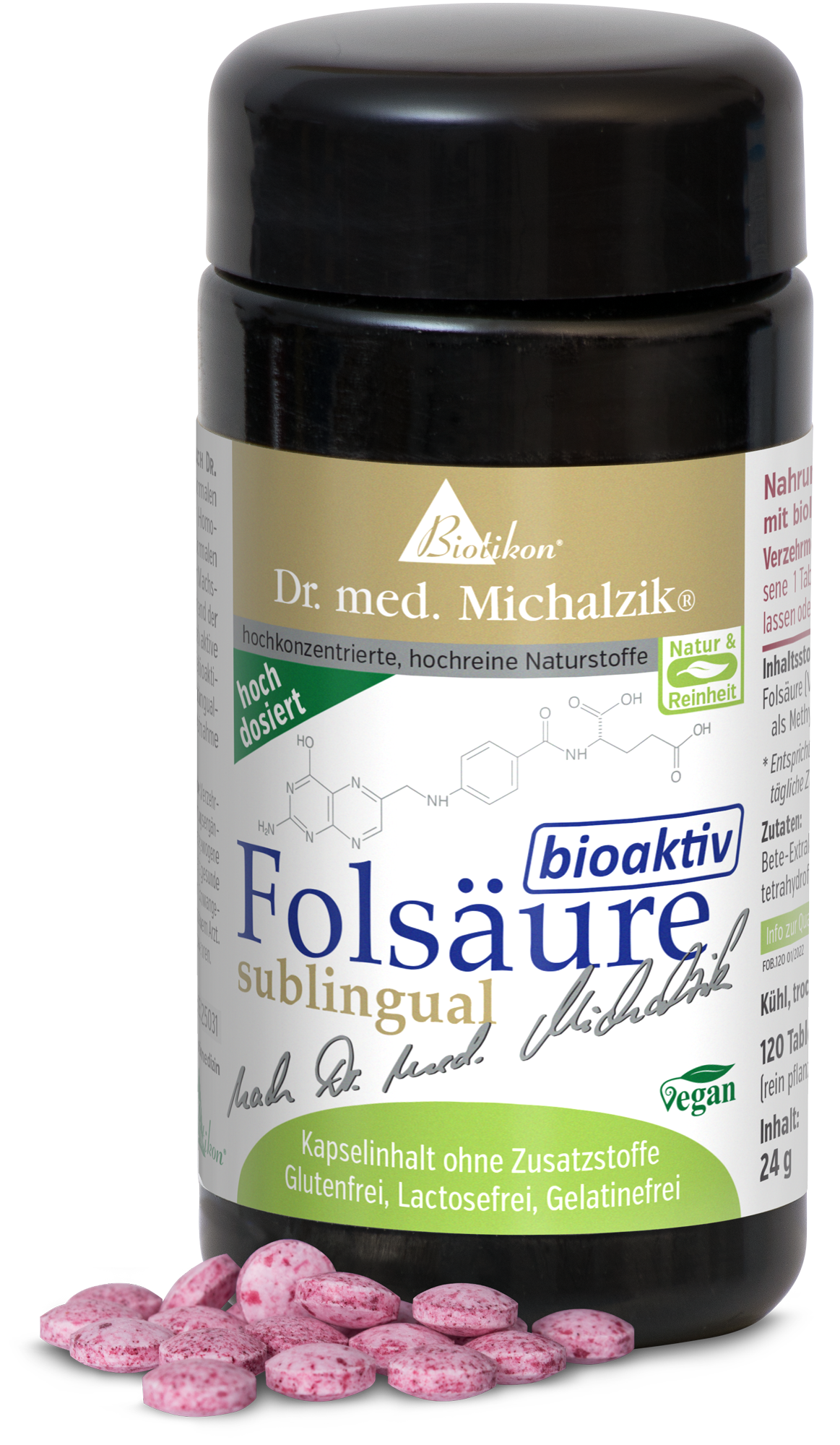 Folsäure sublingual – 120 Tabletten Bioaktive Folsäure in sublingualer Form, rosa Tabletten, 120 Stück in schwarzer Flasche.