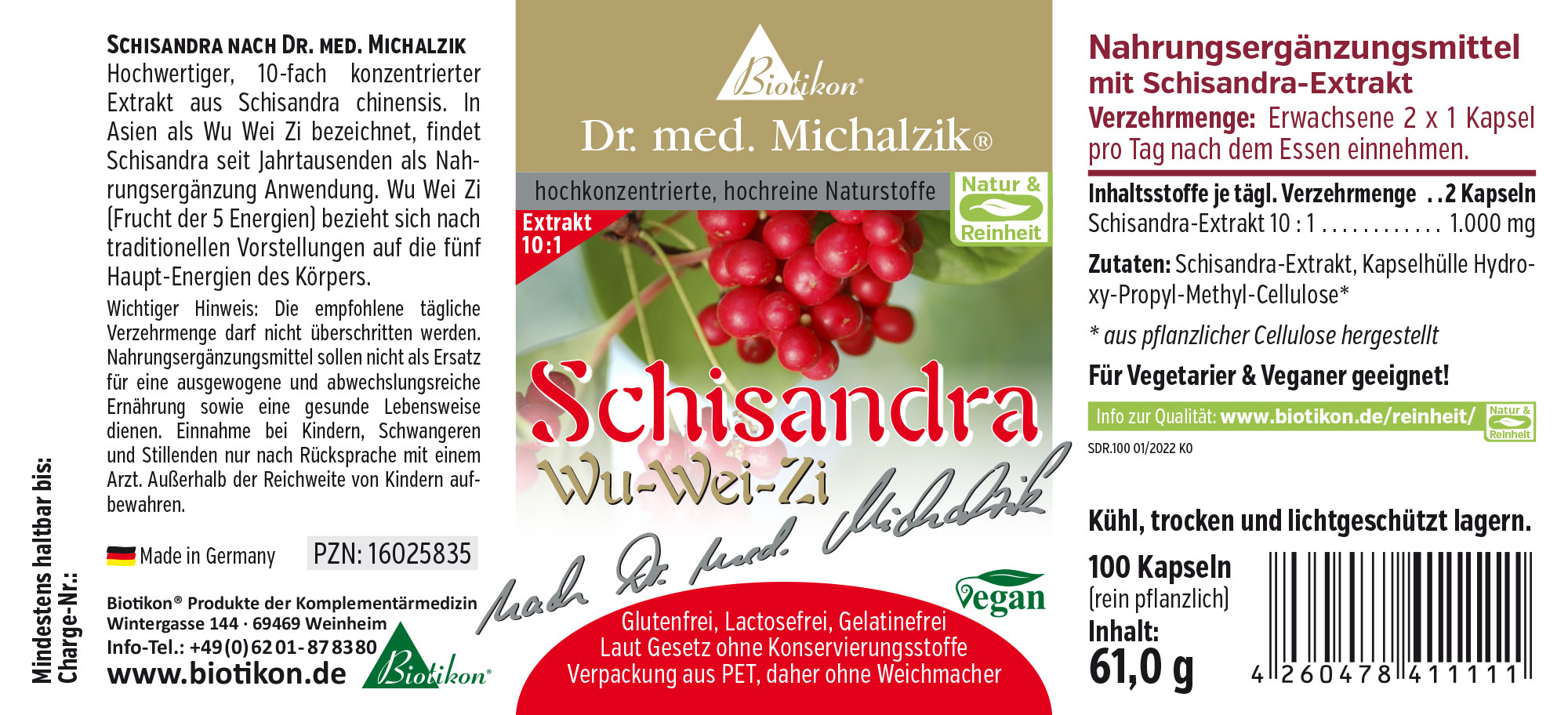 Schisandra 1000 mg – Kapseln Schisandra Nahrungsergänzungsmittel, 100 Kapseln, rot, in PET-Verpackung, Vorderansicht.