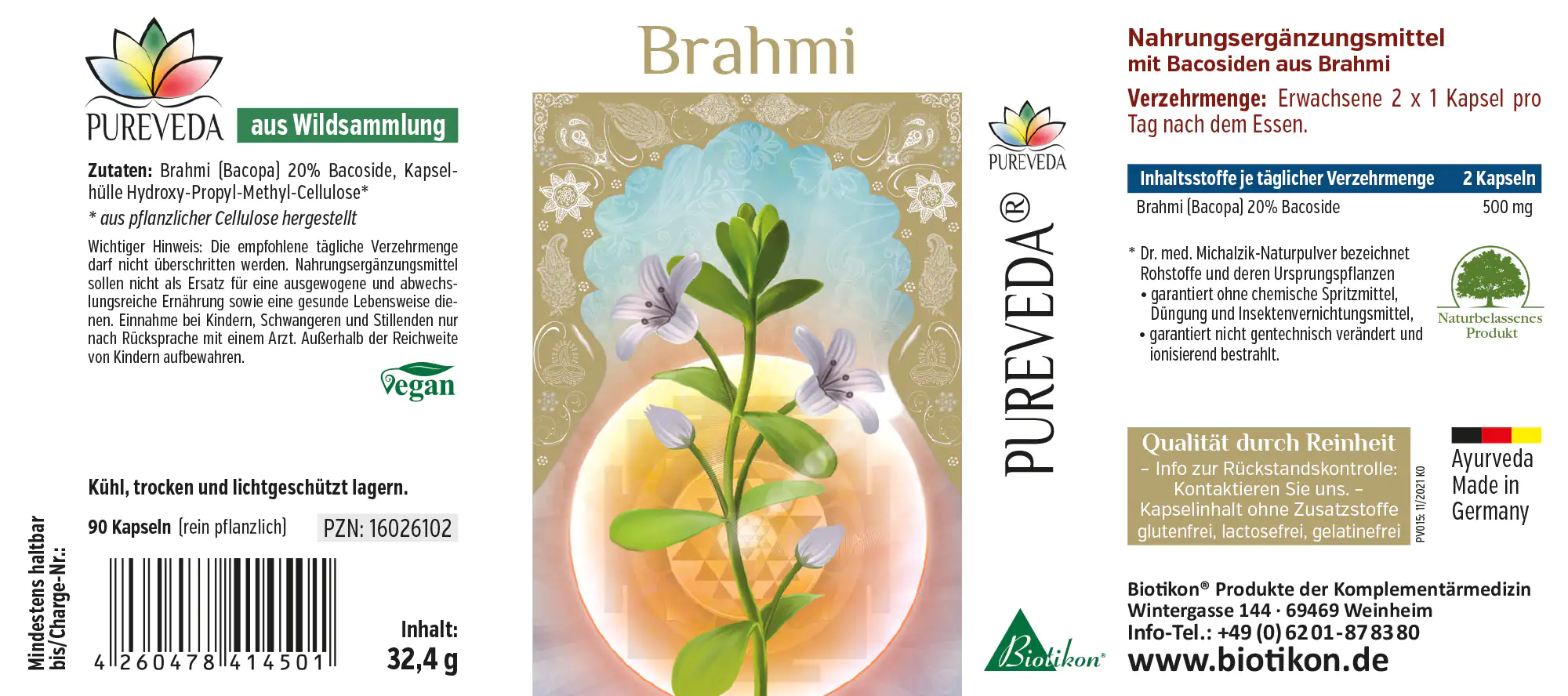 Brahmi 500 mg – Kapseln Nahrungsergänzungsmittel Brahmi in Kapseln, 90 Stück, vegan, Verpackung mit Pflanzenmotiv, 32,4 g.