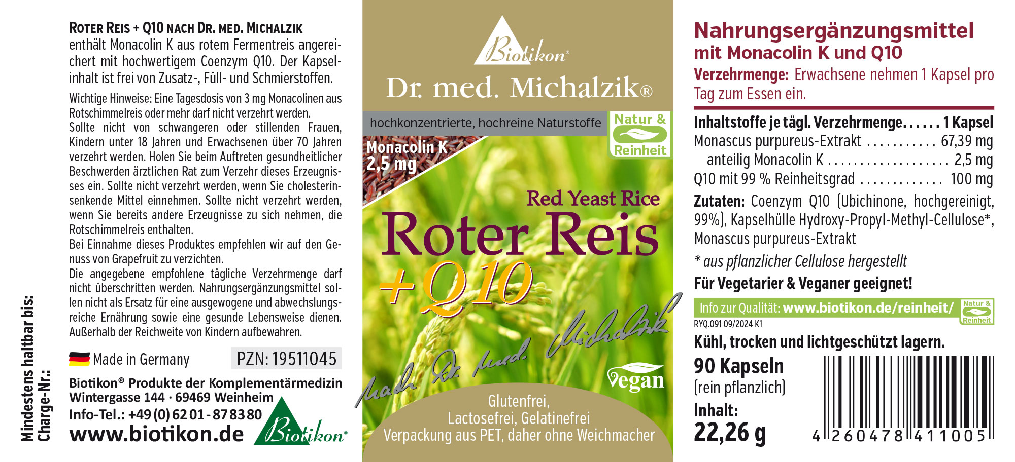 Red Yeast Rice + Q10 Nahrungsergänzungsmittel, 90 Kapseln in flacher Verpackung, grüne Farbtöne, neutraler Hintergrund.