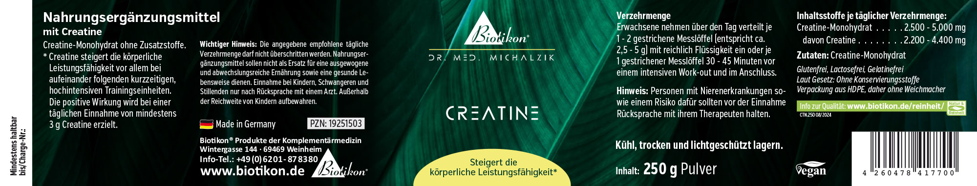 Creatin Pulver – 250 g Nahrungsergänzungsmittel mit Creatin, 250 g Pulver in einer Kunststoffverpackung, grüne Farbgestaltung.