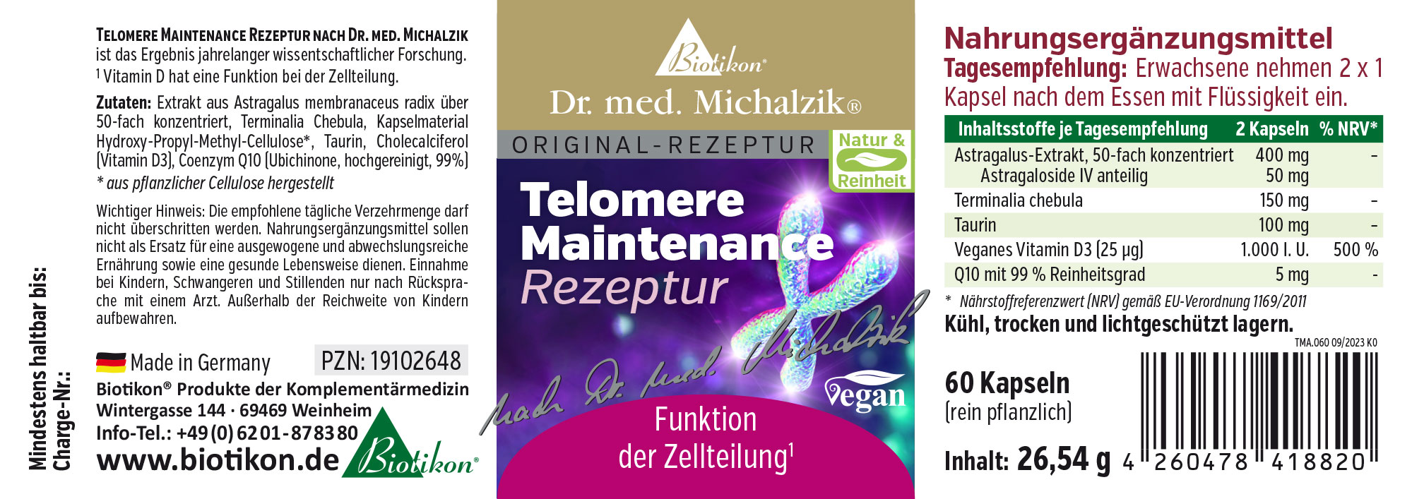 Telomere Maintenance 60 Kapseln Nahrungsergänzungsmittel in einer Verpackung mit 60 Kapseln, vegan, zur Unterstützung der Zellteilung.
