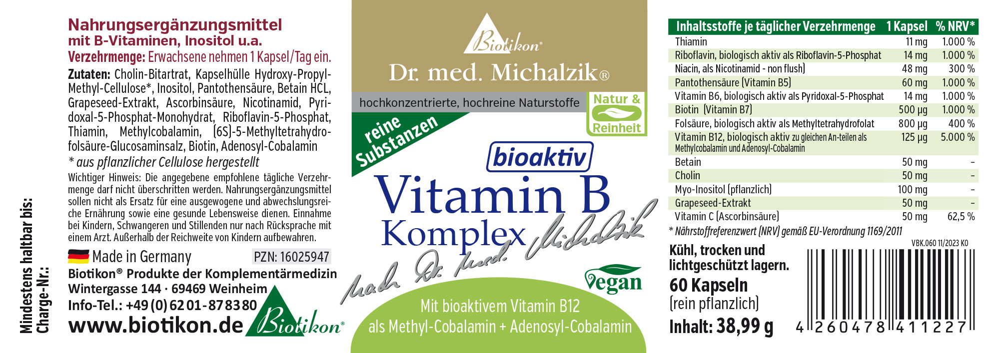 Vitamin B Komplex – 60 Kapseln Nahrungsergänzungsmittel in Kapsel-Form, 60 Stück, vegan, Verpackung in hellen Farben, Seitenansicht.