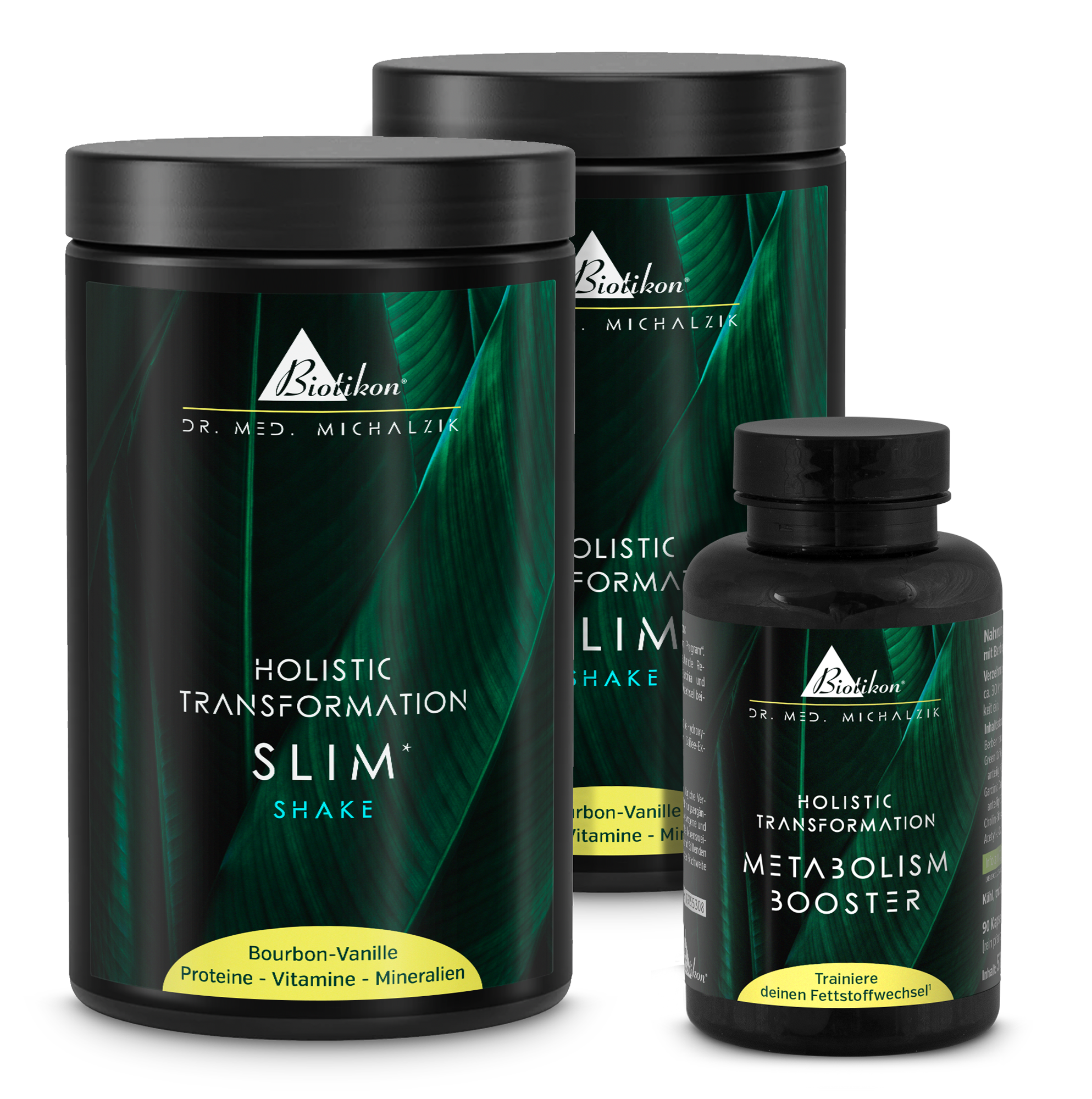 Slim Shake 600 g – Bourbon-Vanille Holistic Transformation Slim Shake in schwarzem Behälter, 600 g, Geschmack Bourbon-Vanille, daneben Metabolism Booster in Kapseln.
