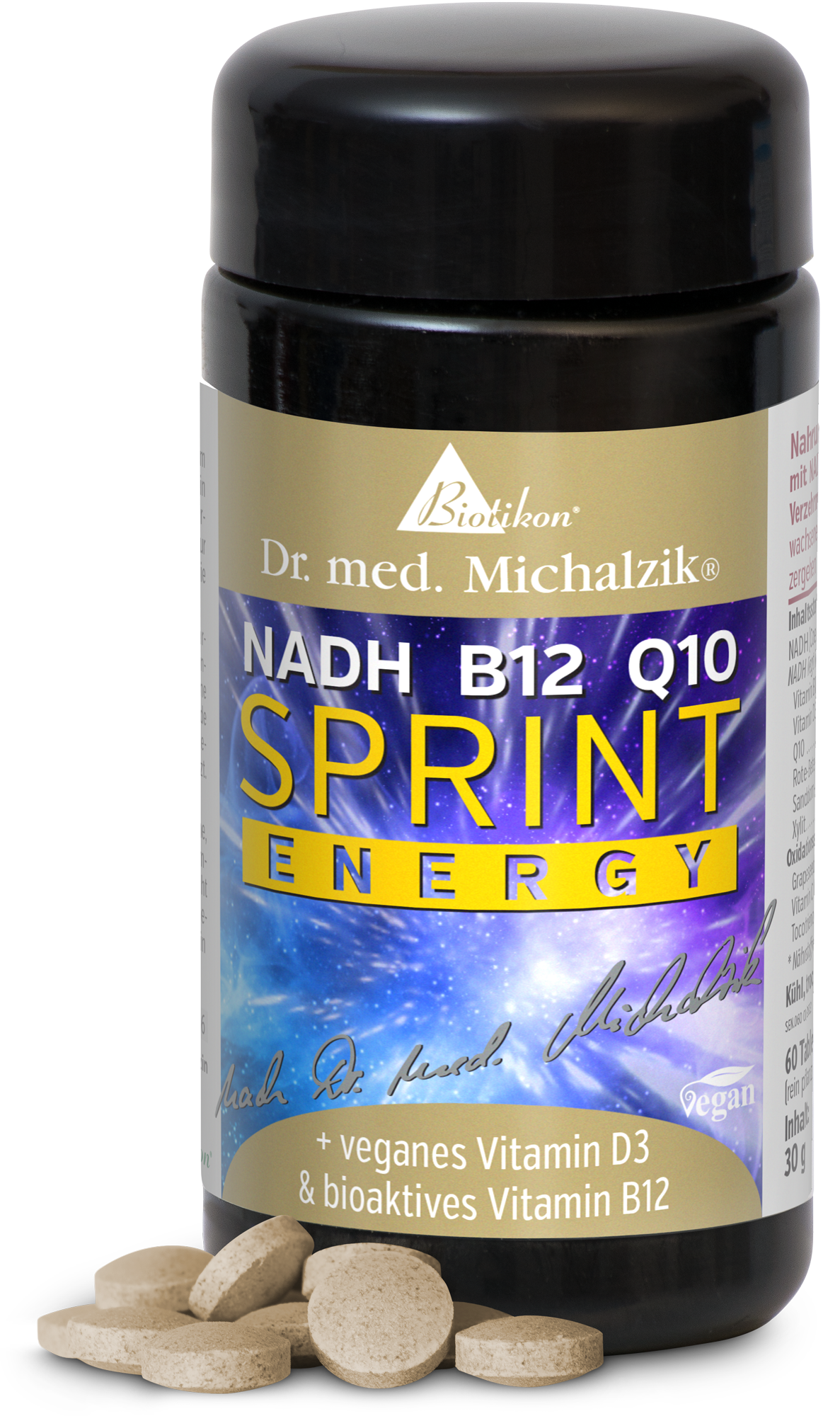 NADH B12 Q10 – Tabletten NADH B12 Q10 Nahrungsergänzungsmittel in schwarzer Dose, 60 Tabletten, vegan, neben der Dose liegen einige Tabletten.