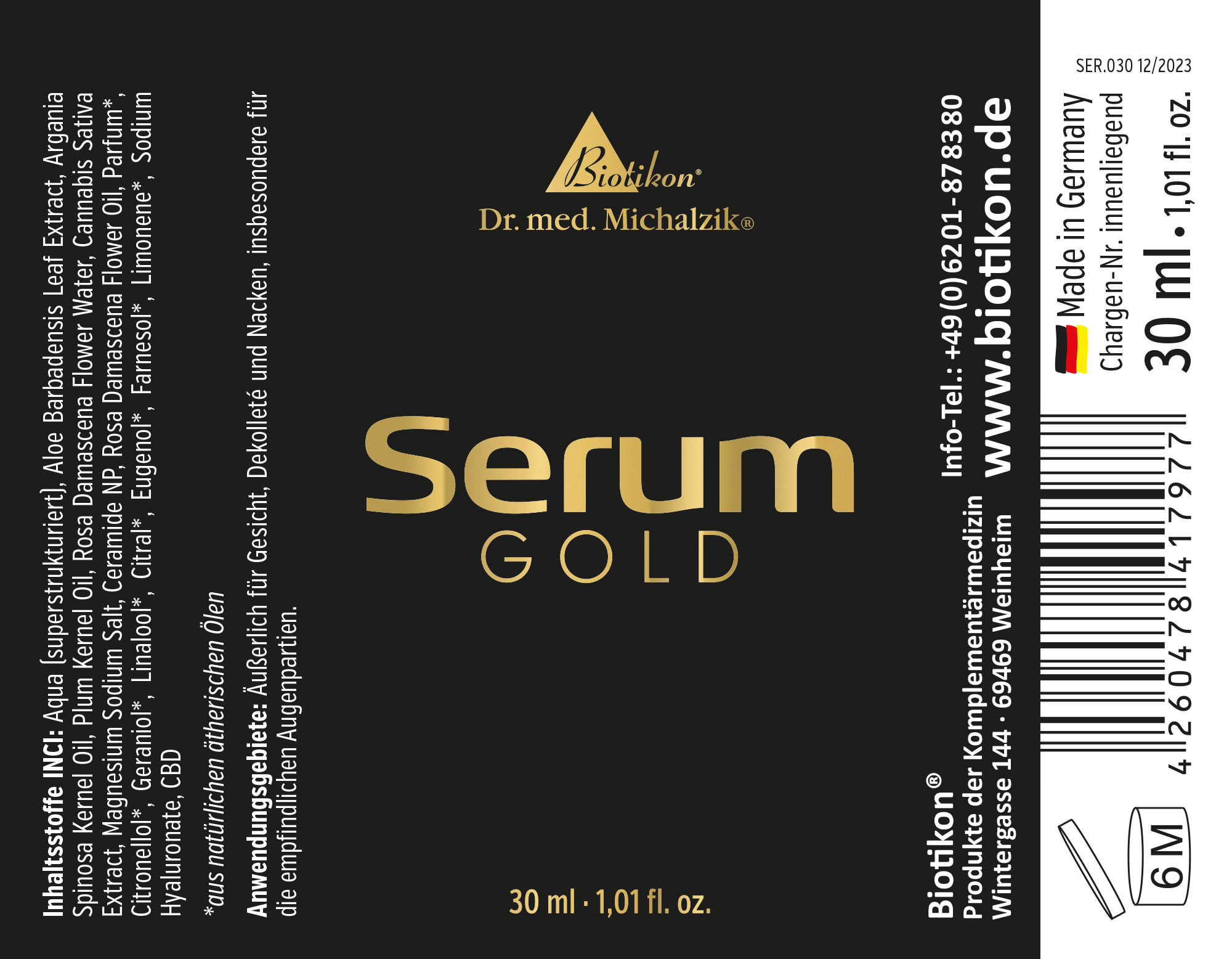 Serum Gold – 30 ml Flüssigkeit Serum Gold in einer 30 ml Flasche, schwarze Verpackung mit goldenen Schriftzug, frontale Sicht.