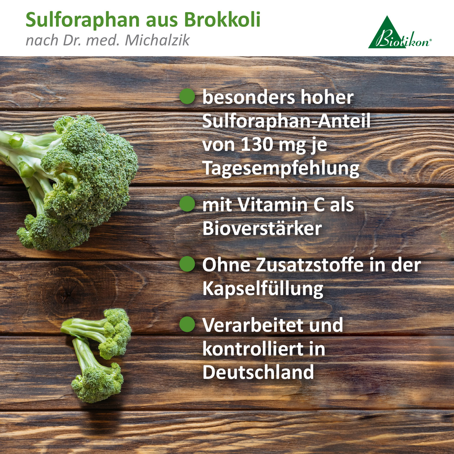 Sulforaphan aus Brokkoli – 130 mg Brokkoli-Kapseln mit 130 mg Sulforaphan, ohne Zusatzstoffe, verpackt in einer umweltfreundlichen Hülle.