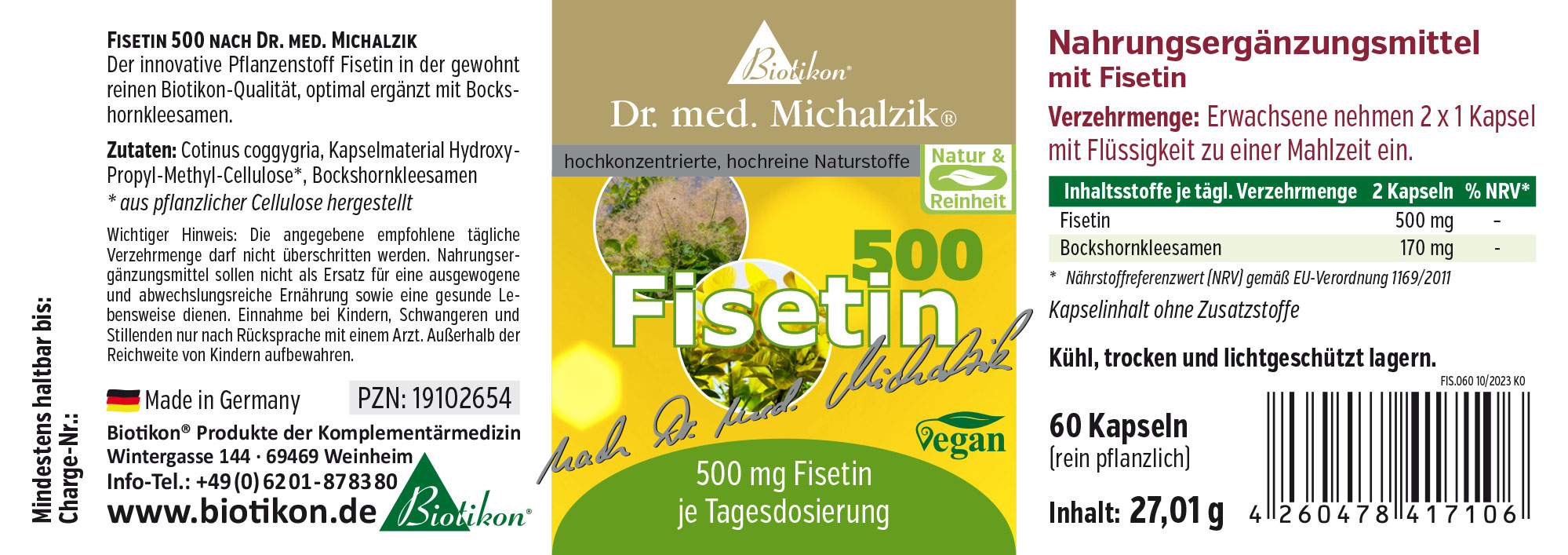 Fisetin 500 mg – Kapseln Nahrungsergänzungsmittel Fisetin, 60 Kapseln, in Pflanzenkapseln, gelb-grüne Verpackung, seitliche Ansicht.