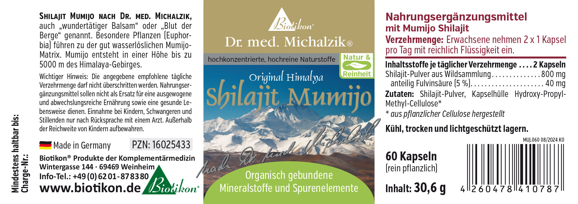 Shilajit Mumijo – 60 Kapseln Nahrungsergänzungsmittel Shilajit Mumijo in Kapseln, 60 Stück, braune Kapsel, Verpackung in gold-blauem Design.