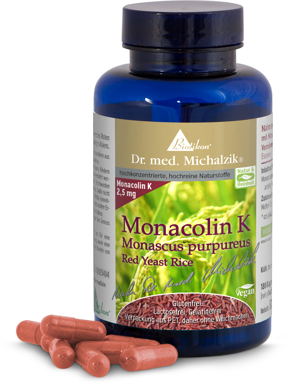 Monacolin K 2,5 mg – Kapseln Flasche mit Monacolin K 2,5 mg, 180 Kapseln, rotbraun, auf einer weißen Fläche.