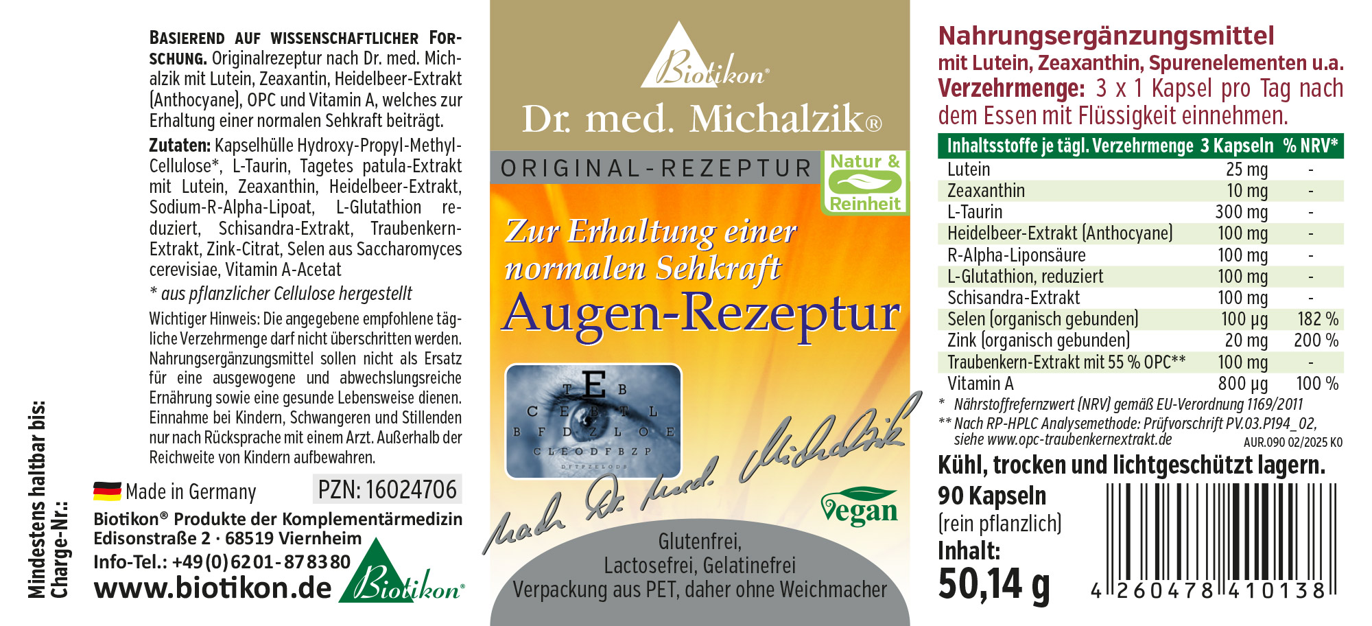 Augen-Rezeptur – 90 Kapseln Augen-Rezeptur Nahrungsergänzungsmittel in Kapseln, 90 Stück, Verpackung in PET, vegan, mit Inhaltsstoffen wie Lutein und Zeaxanthin.