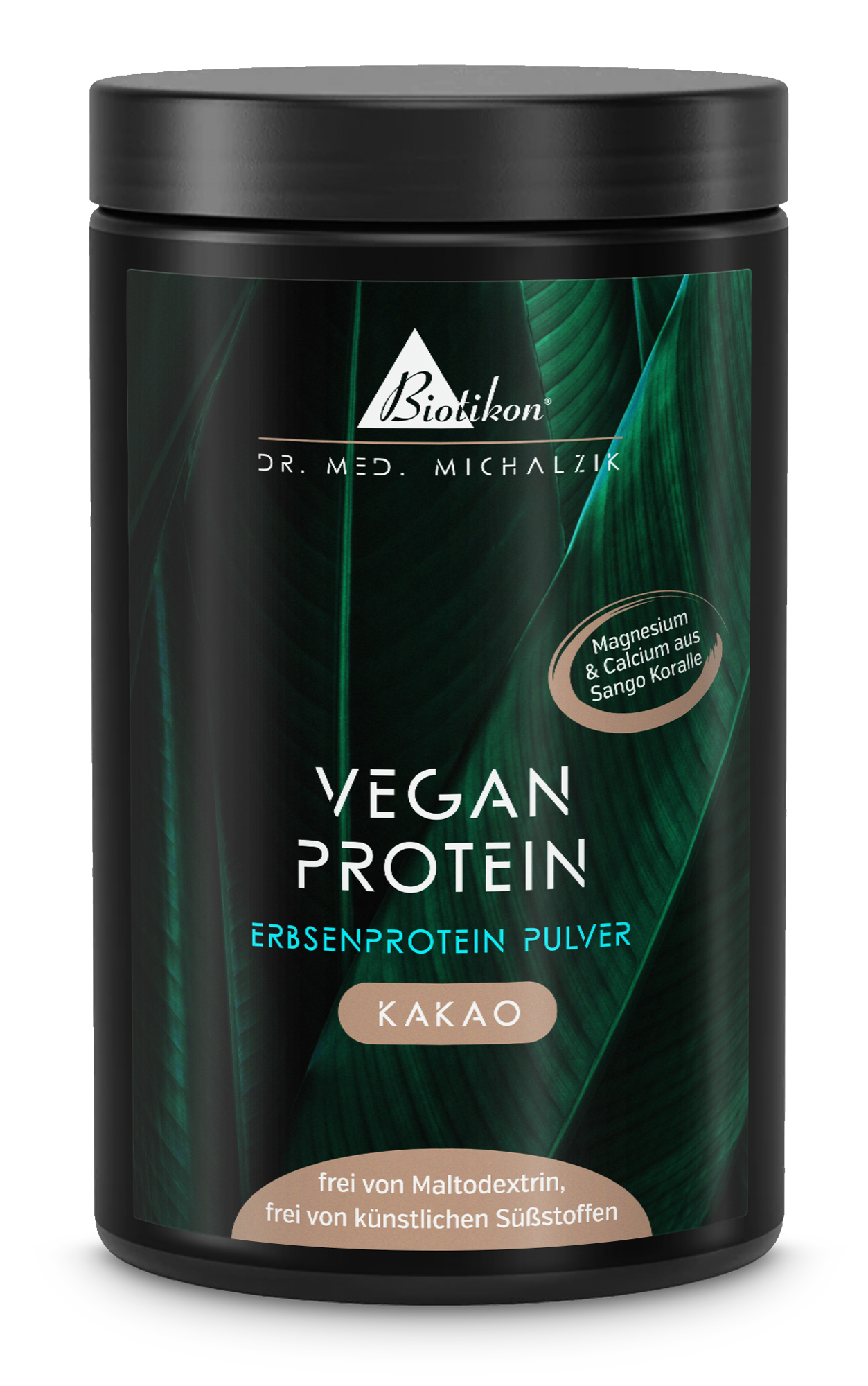 Weißer Behälter mit Pflanzenprotein-Pulver Geschmack Kakao, 500 g, Vorderansicht.