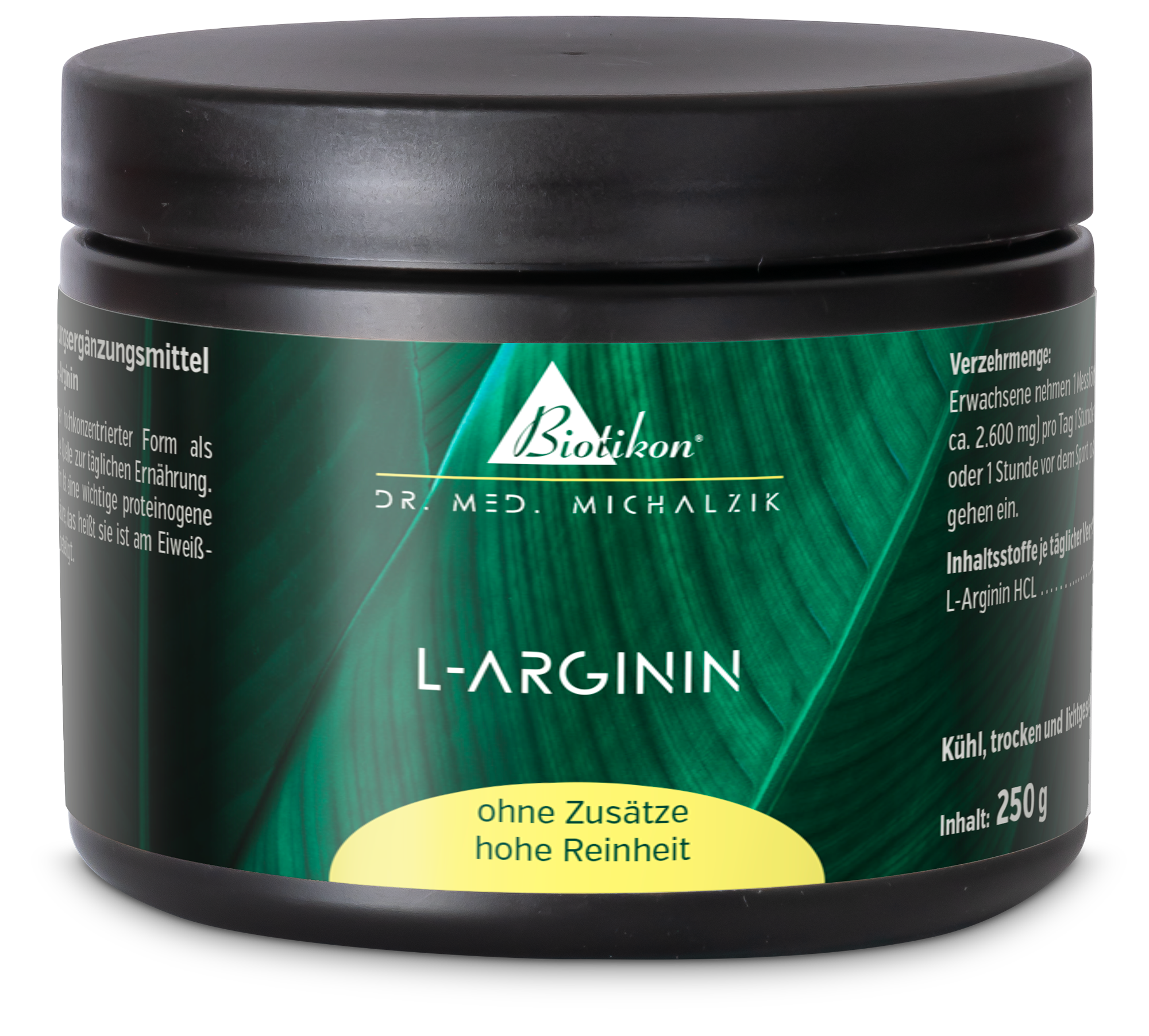L-Arginin 250 g – Pulver L-Arginin in Pulverform, 250 g Dose, schwarze Verpackung mit grüner Akzentfarbe, von der Seite aufgenommen.