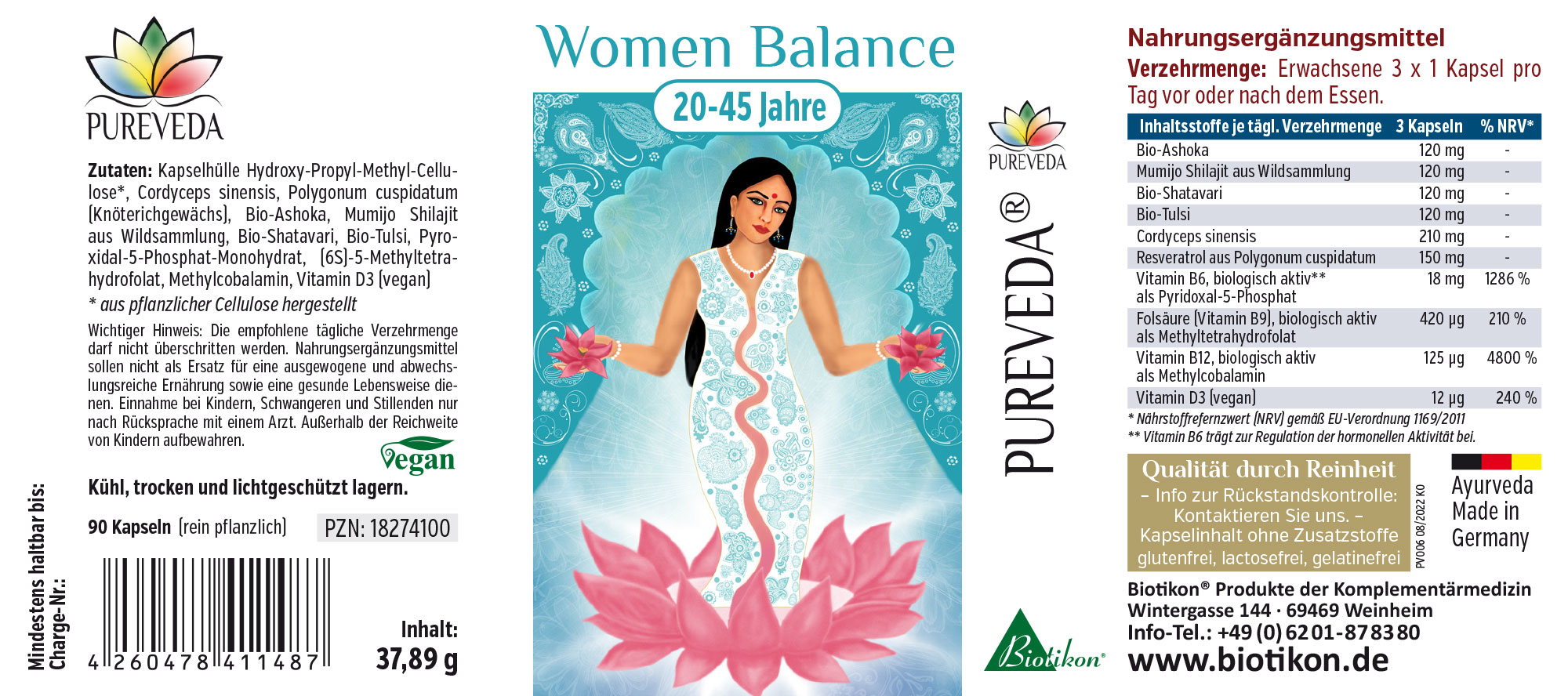 Women Balance – 90 Kapseln Nahrungsergänzungsmittel in einer Verpackung mit 90 Kapseln, farbige Illustration und detaillierte Zutatenliste.