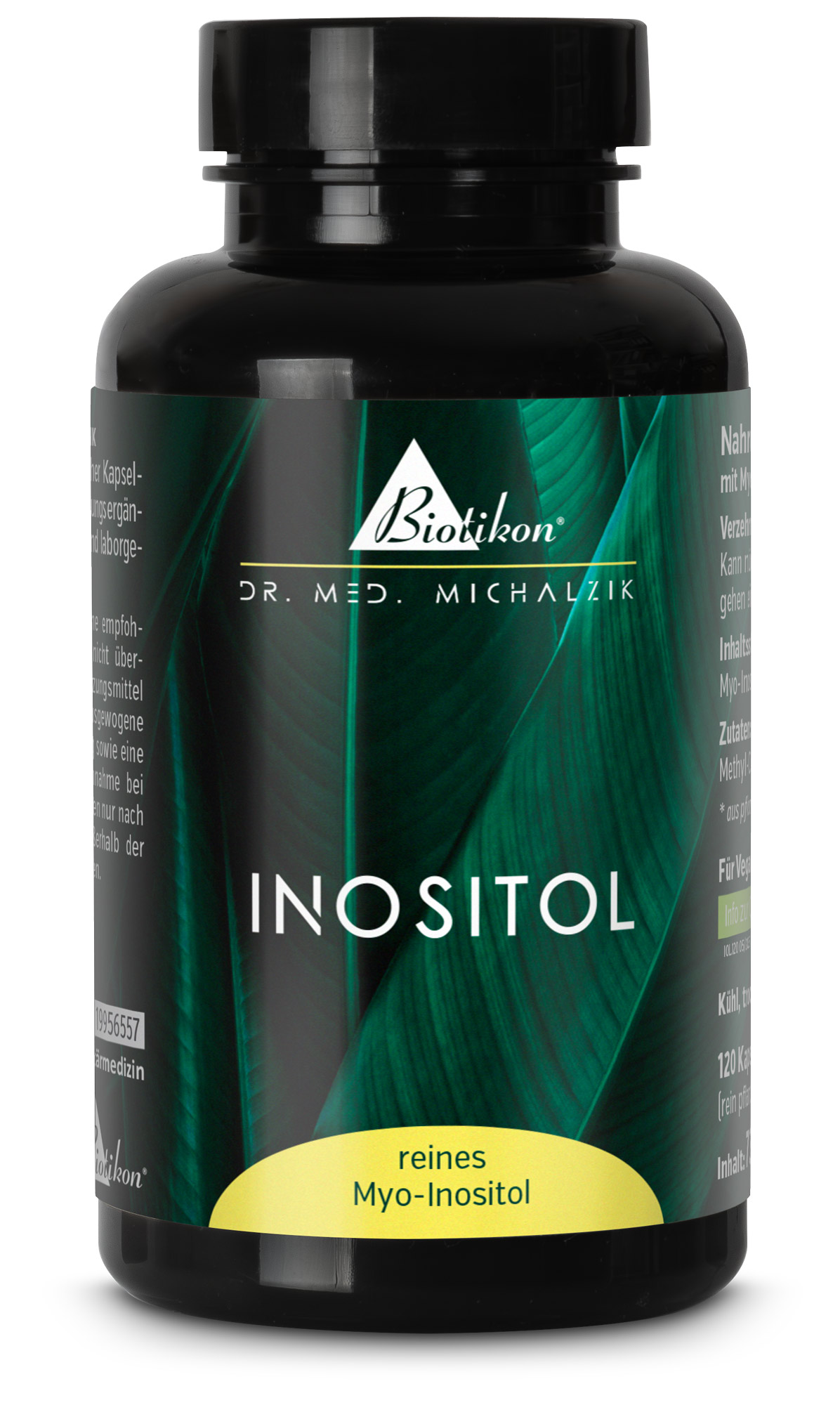 Inositol 120 Kapseln – reines Myo-Inositol Schwarze Kapsel-Flasche mit 120 Kapseln, Etikett in grün und gelb, Vorderansicht