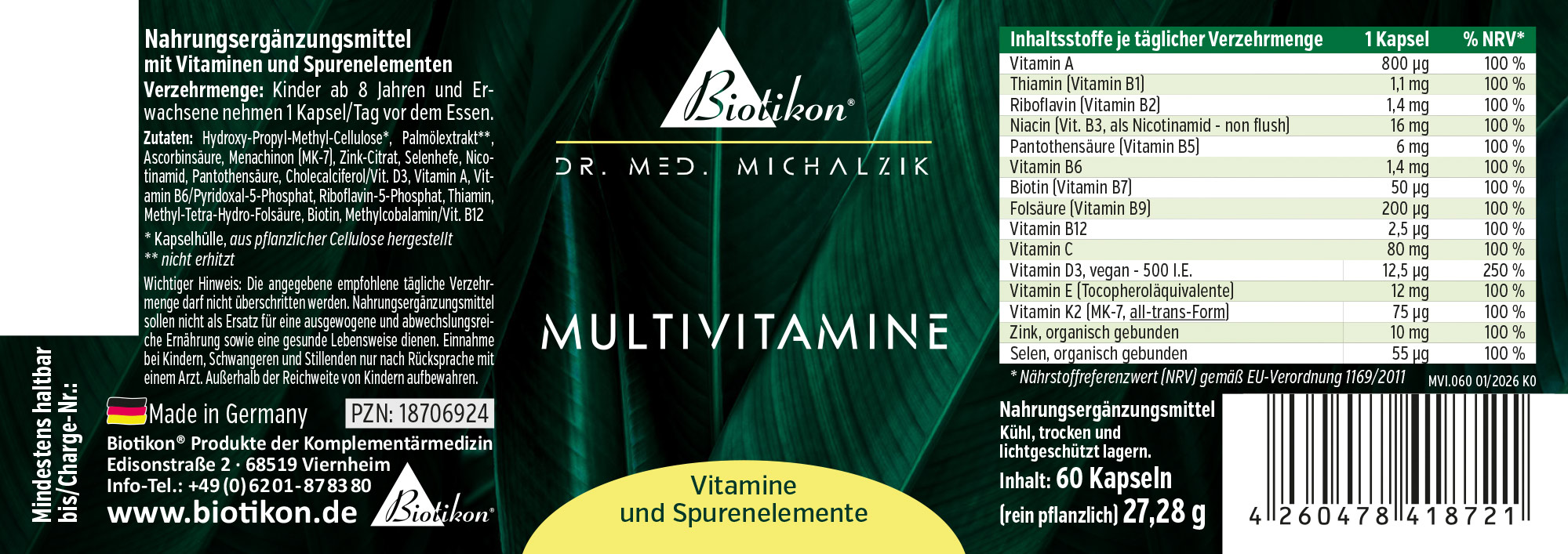 Verpackung mit 60 Kapseln des Nahrungsergänzungsmittels Multivitamine, vegan