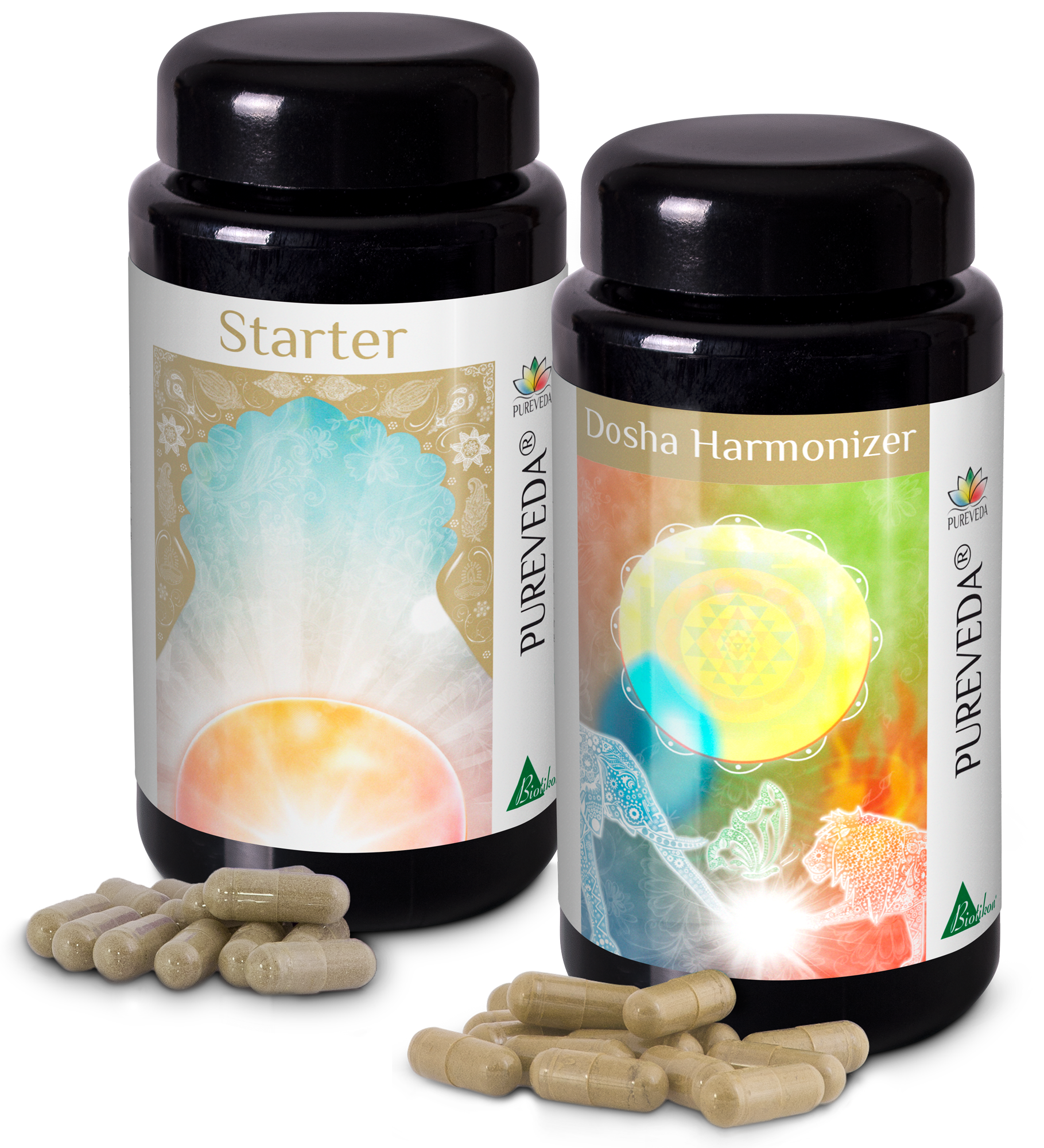 Kräuterergänzung – Kapseln Zwei Flaschen mit Kapseln: Starter und Dosha Harmonizer, in schwarzen Behältern, mit mehreren Kapseln im Vordergrund.